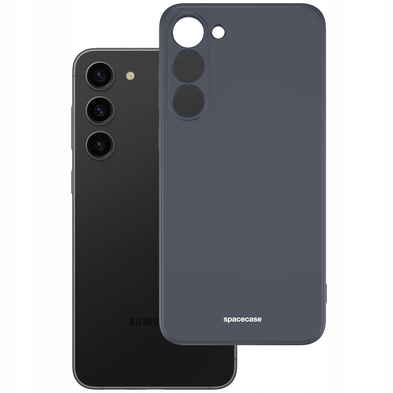 Na obrazie widoczne jest czarne silikonowe etui z trzema otworami na aparaty oraz napisem \'spacecase\'. Obok znajduje się czarny smartfon z trzema obiektywami aparatu i logo \'SAMSUNG\'.