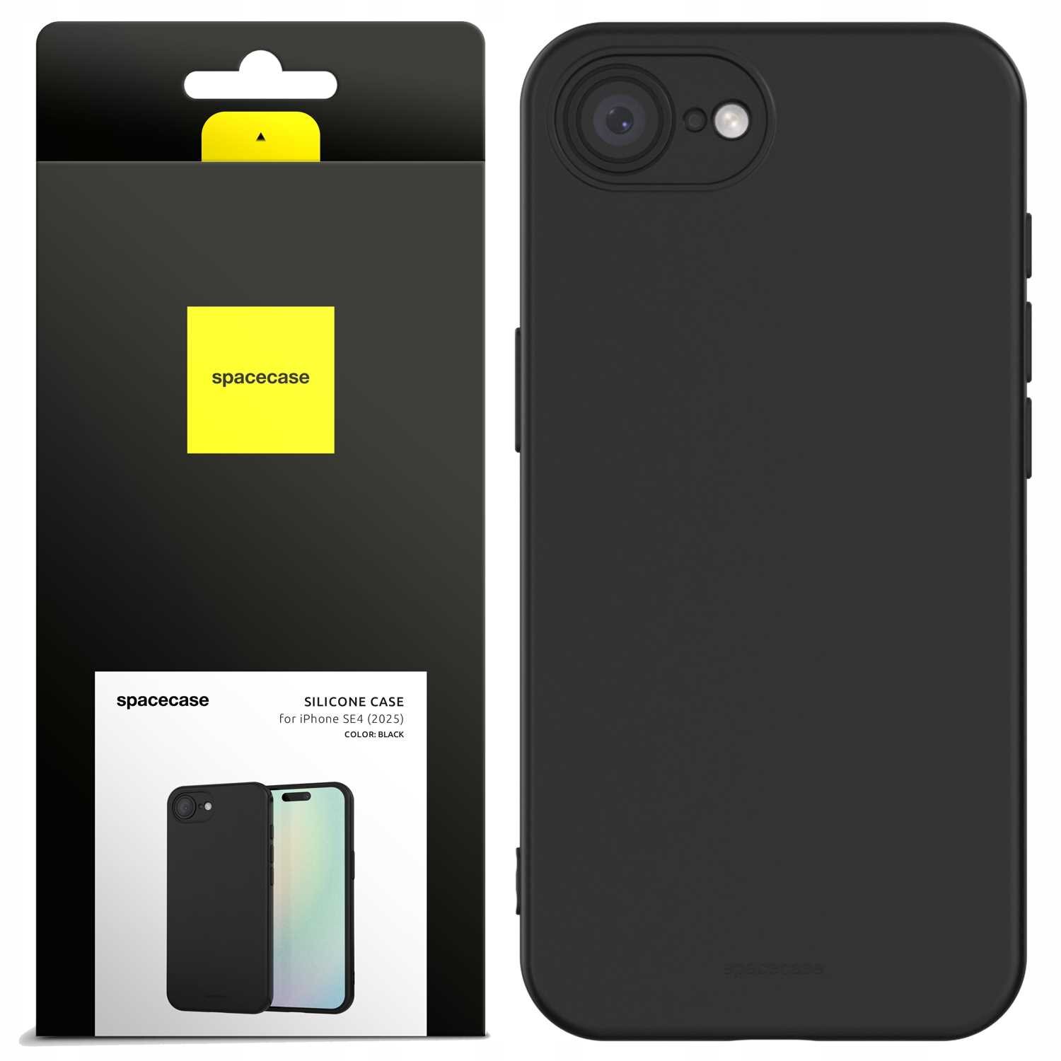 Czarne silikonowe etui na telefon z widocznym wycięciem na aparat. Opakowanie z logo \'spacecase\' i napisem \'SILICONE CASE for iPhone SE4 (2025) COLOR: BLACK\'.