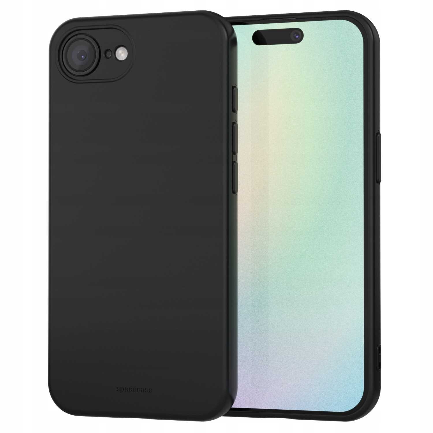 Czarne silikonowe etui na telefon z widocznym logo \'spacecase\' na dole. Obok etui znajduje się telefon z kolorowym ekranem.