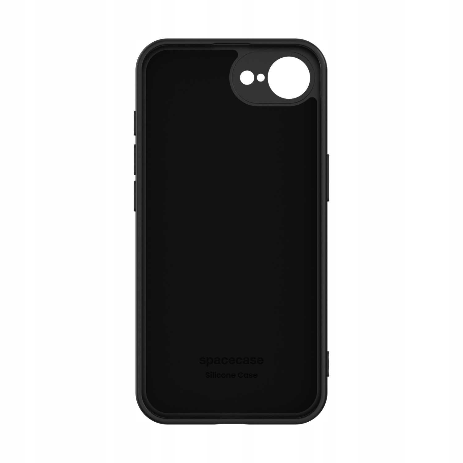 Czarne silikonowe etui z wycięciami na aparat i przyciski. Na dole widoczny napis: \'spacecase Silicone Case\'.