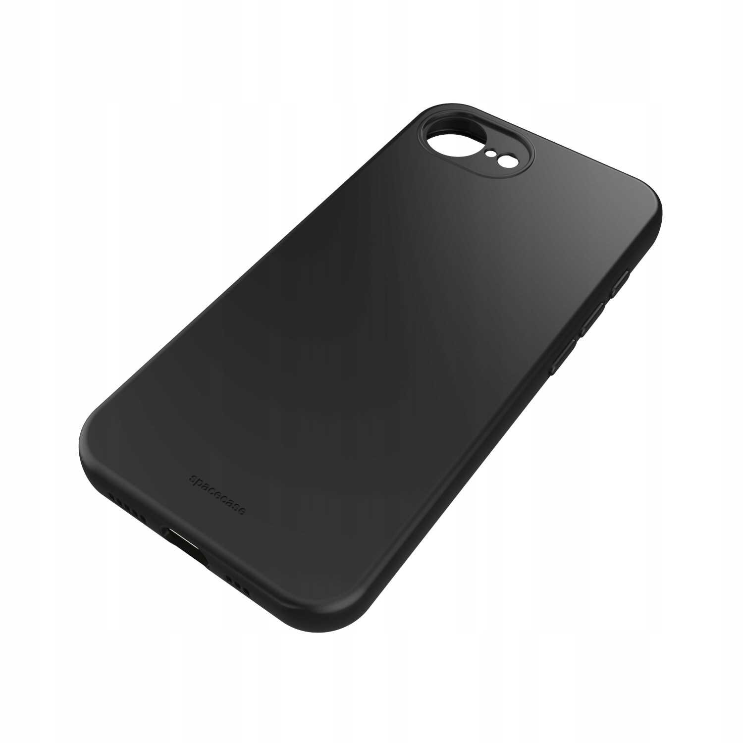 Czarne silikonowe etui na telefon z wycięciem na aparat i logo \'SPACECASE\' na dole.
