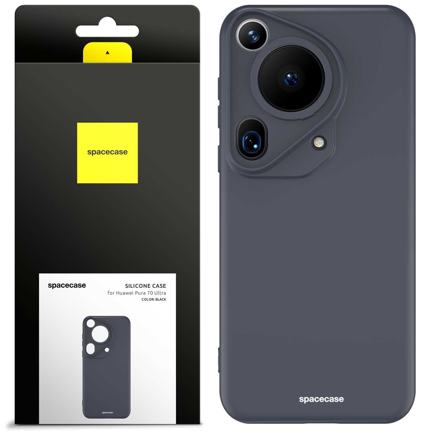 Obraz przedstawia silikonowe etui w kolorze czarnym z wycięciami na aparat, obok znajduje się opakowanie z logo \'spacecase\'. Na opakowaniu widnieje napis: \'SILICONE CASE for Huawei Pura 70 Ultra COLOR: BLACK\'.