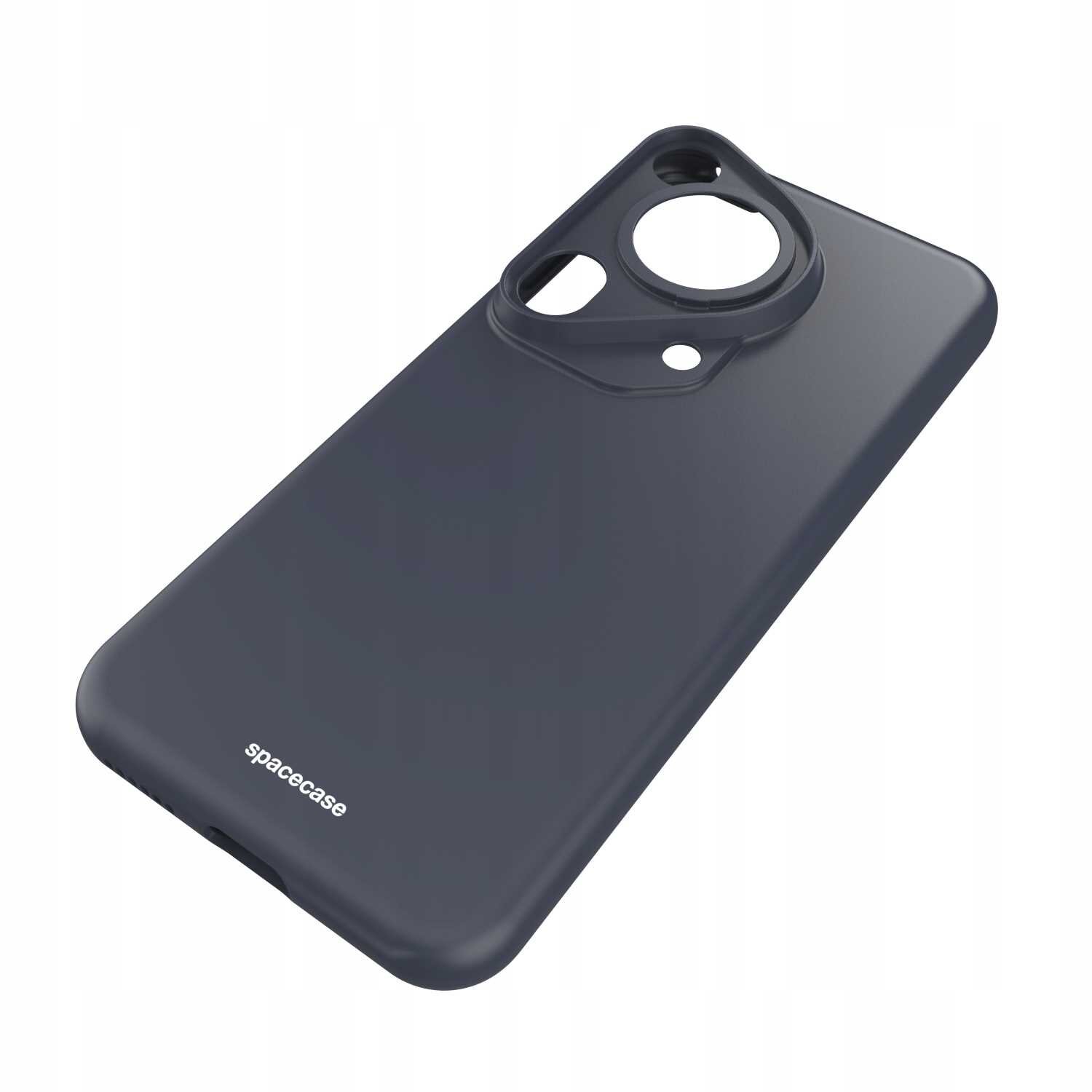 Czarne silikonowe etui z wycięciami na aparat i logo \'spacecase\' na dole.