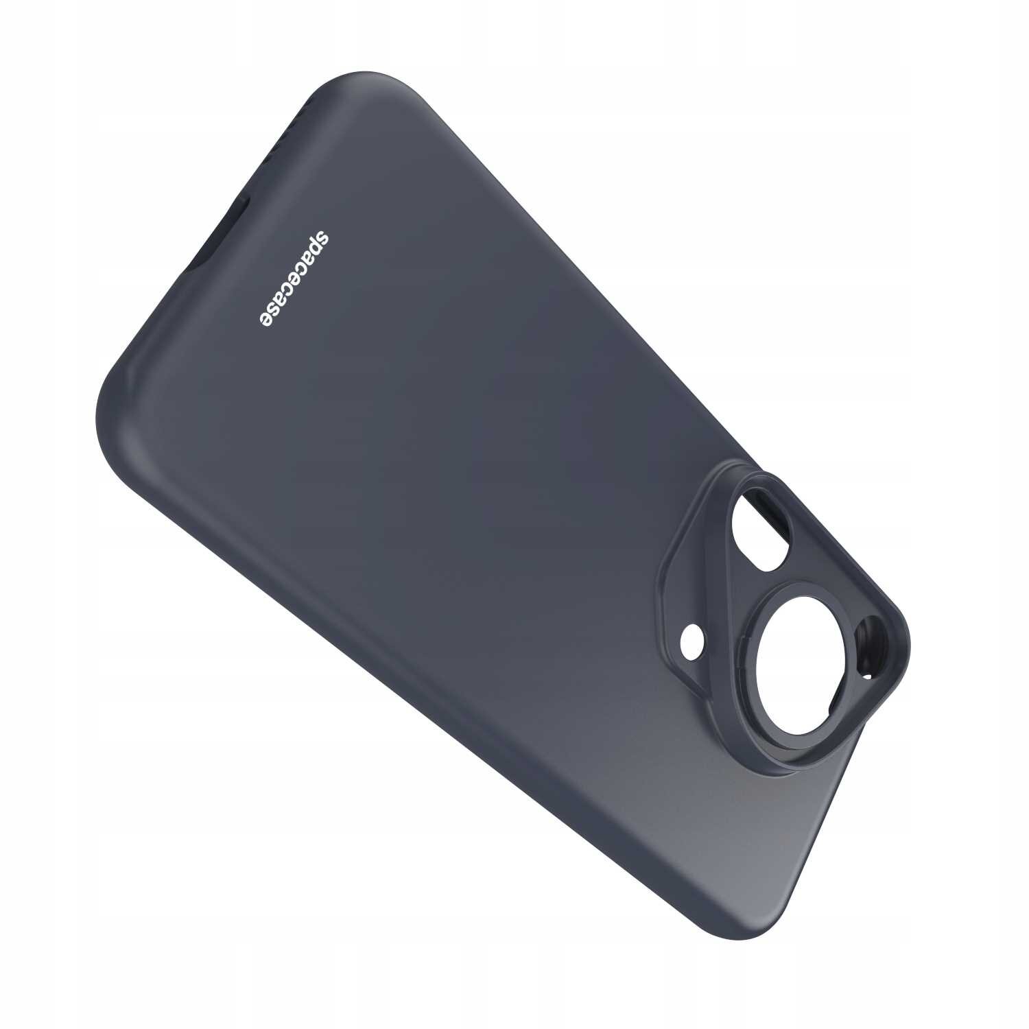 Czarne silikonowe etui z wycięciami na aparat i logo \'spacecase\' na powierzchni.