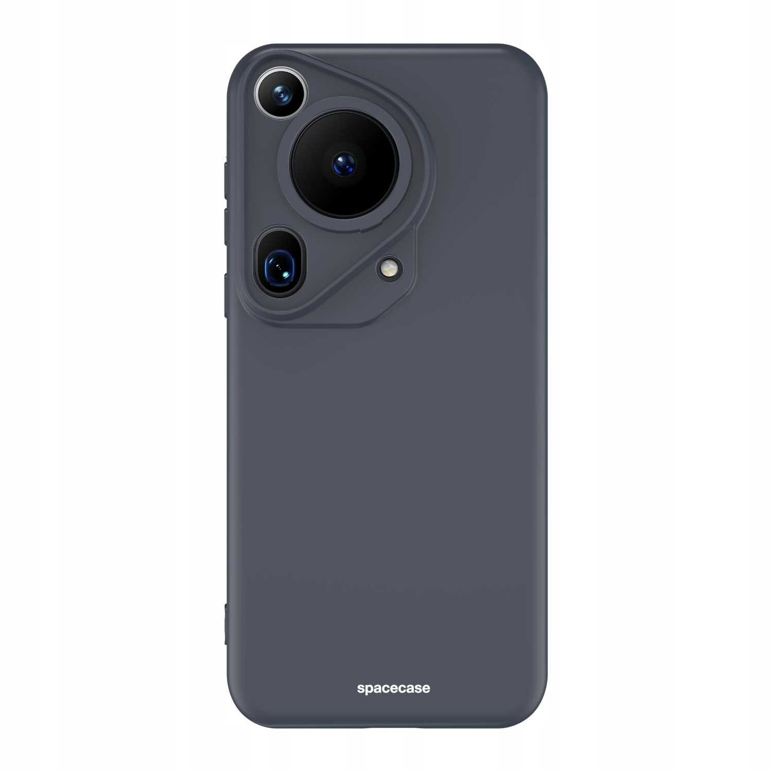 Czarne silikonowe etui na telefon z trzema otworami na aparaty fotograficzne. Na dole widoczny jest napis \'spacecase\'.