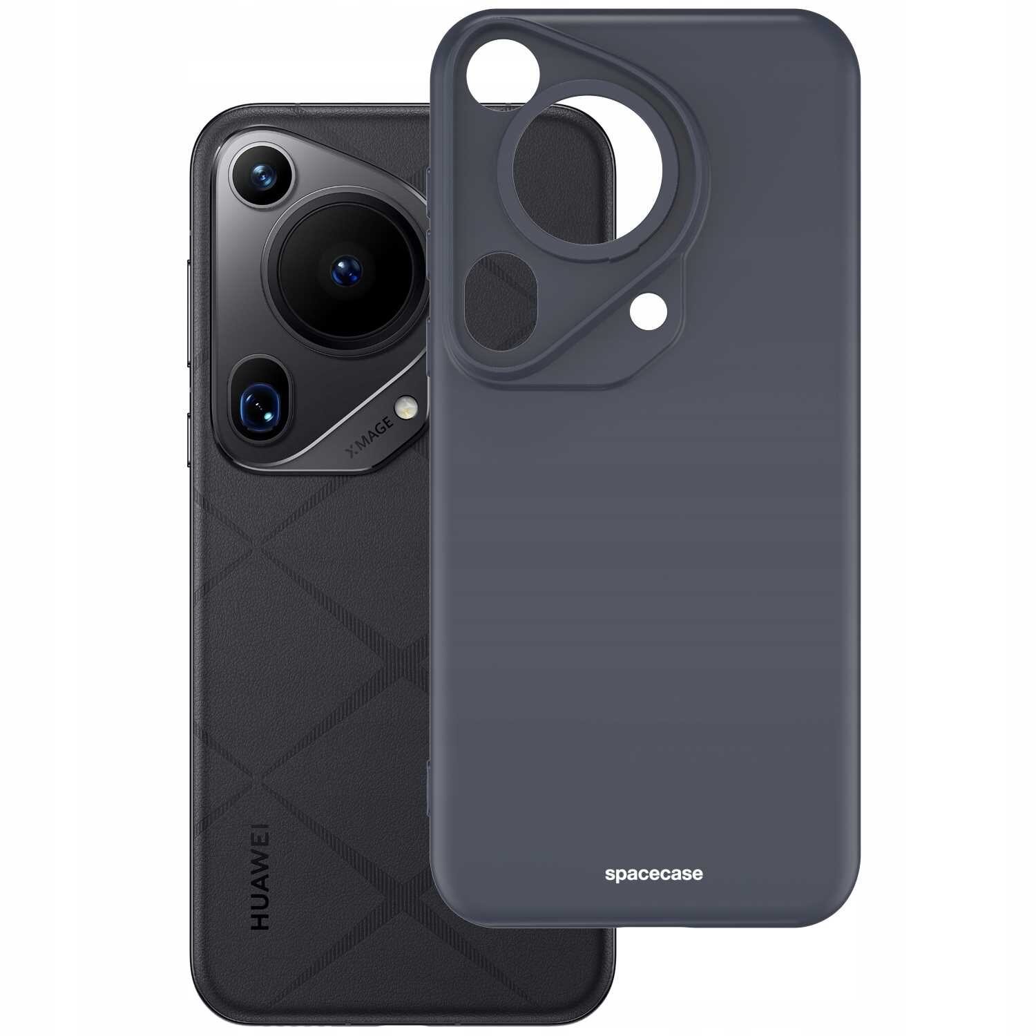 Na obrazie widoczne jest czarne silikonowe etui z wycięciami na aparat i logo \'spacecase\'. Obok znajduje się telefon z trzema obiektywami aparatu i logo \'HUAWEI\'.