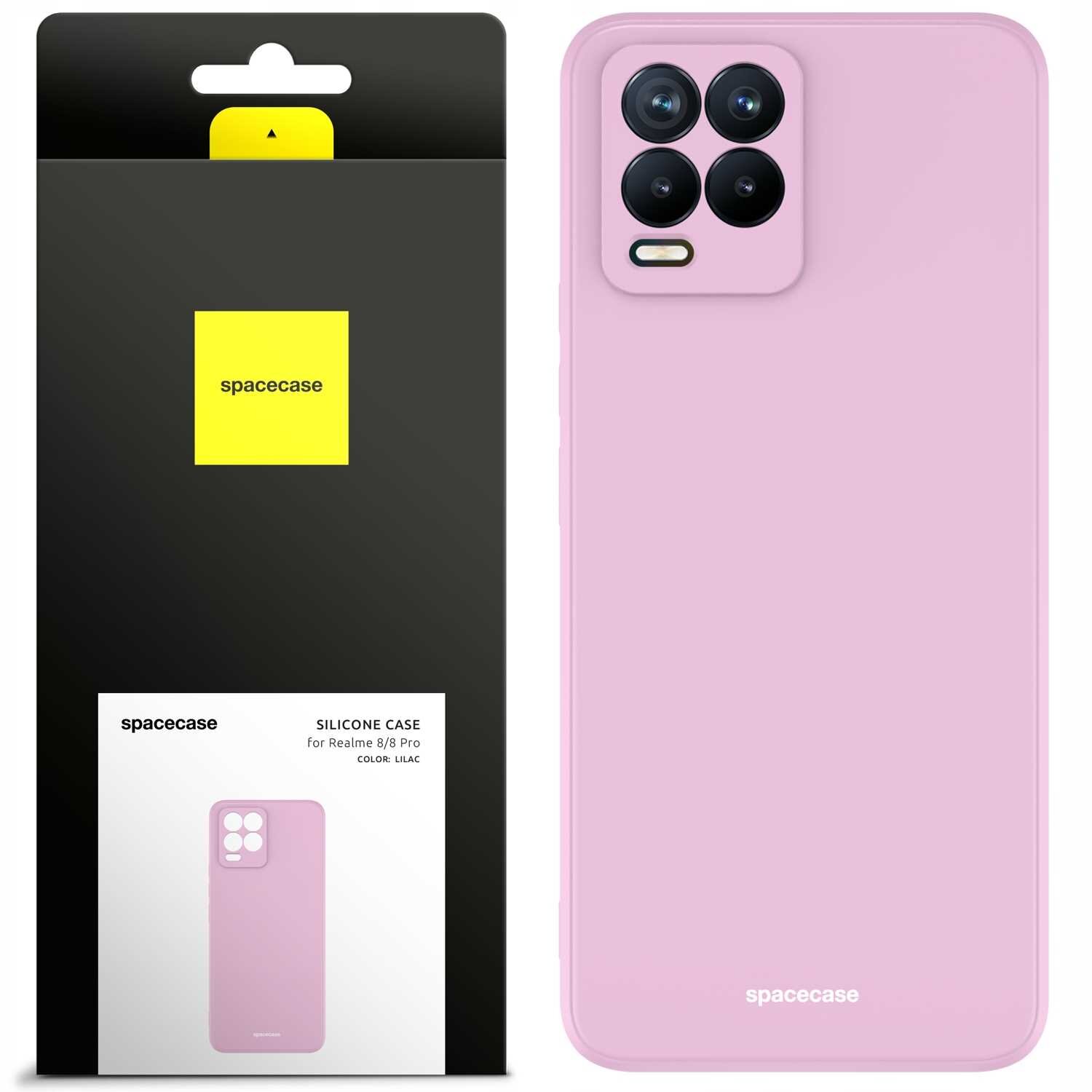 Obraz przedstawia różowe silikonowe etui na telefon z czterema otworami na aparaty. Obok znajduje się opakowanie z napisem \'spacecase\' oraz \'SILICONE CASE for Realme 8/8 Pro COLOR: LILAC\'.