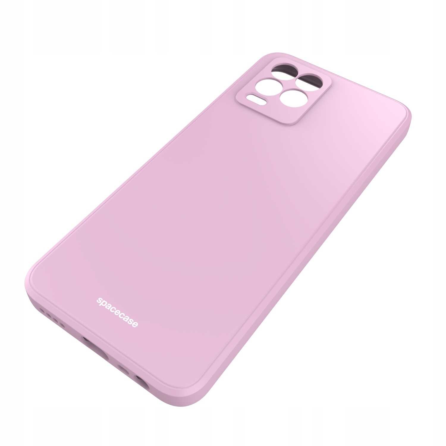 Różowe silikonowe etui z wycięciami na aparat i logo \'spacecase\' na dole. Etui jest przeznaczone do telefonu Realme 8/8 Pro.