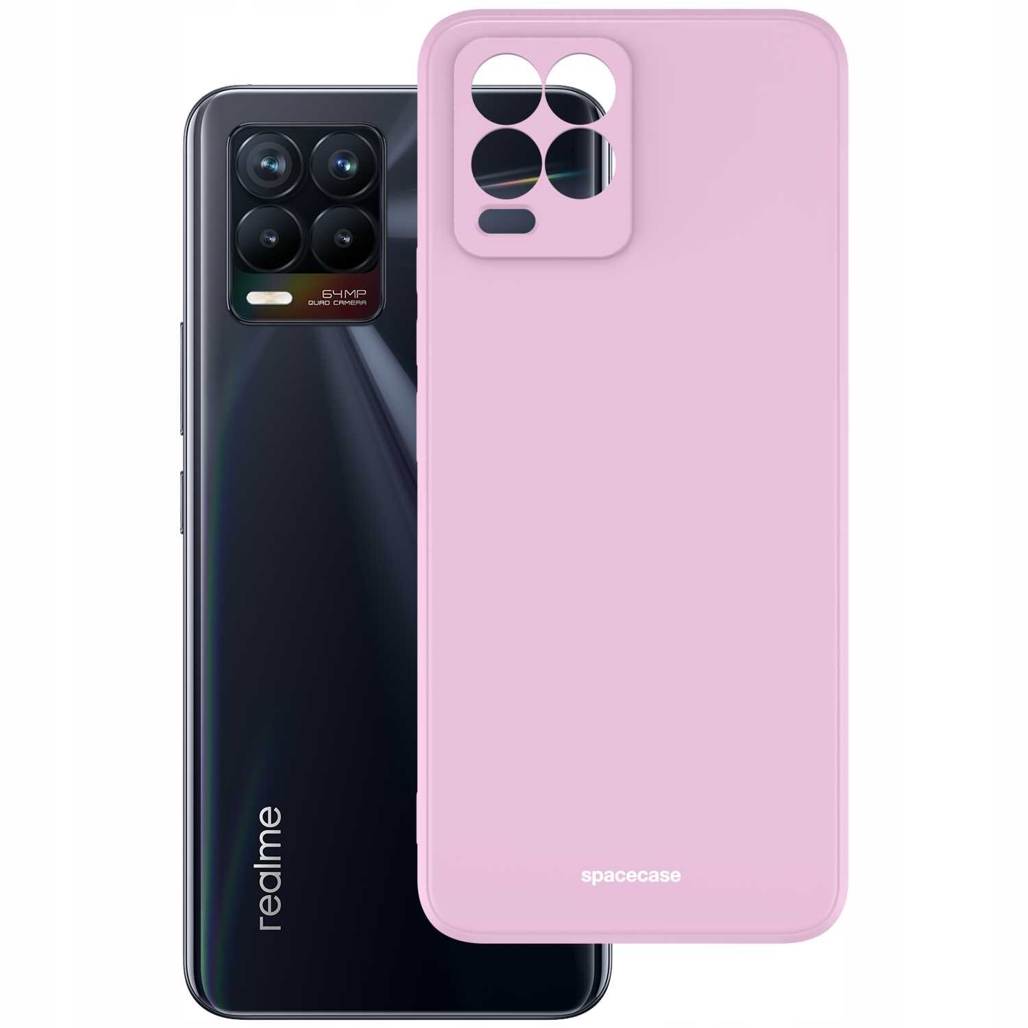 Obraz przedstawia różowe silikonowe etui na telefon z wycięciami na aparat i logo \'spacecase\'. Obok znajduje się czarny telefon z widocznym logo \'realme\' i czterema obiektywami aparatu.