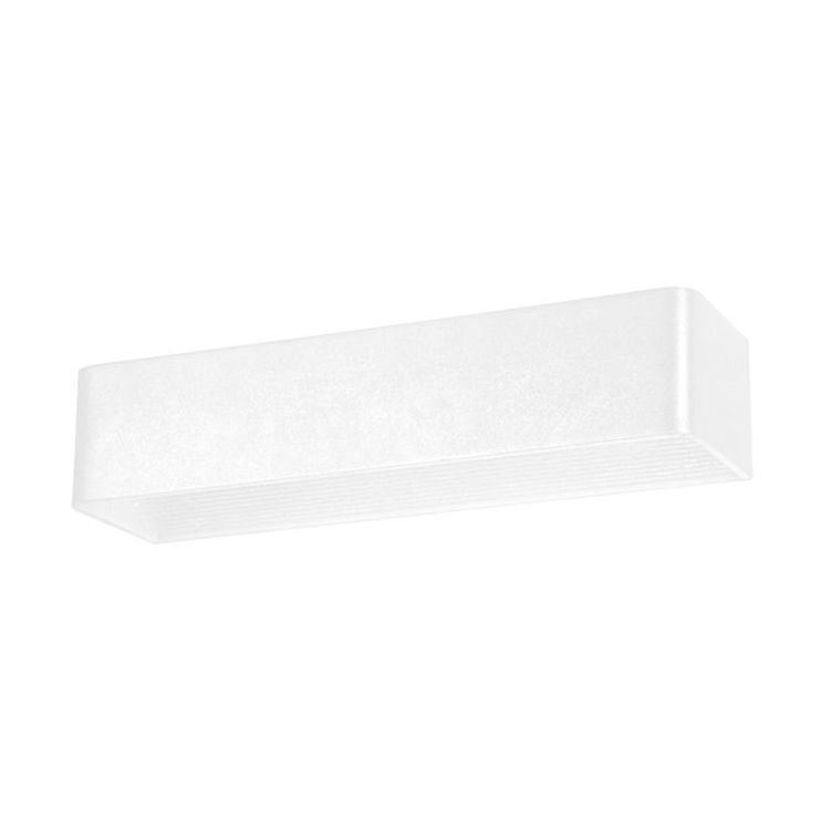 Biała, prostokątna lampa ścienna o gładkiej powierzchni i minimalistycznym designie.