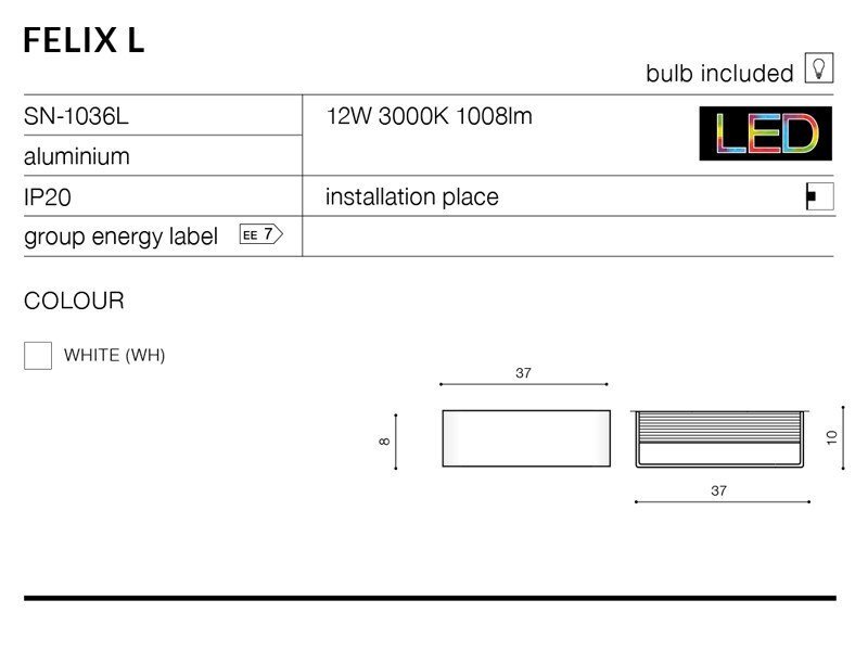 Obraz przedstawia specyfikację lampy ściennej Felix L. Zawiera informacje takie jak: SN-1036L, 12W 3000K 1008lm, aluminium, IP20, grupa energetyczna EE 7, kolor biały (WH), oraz wymiary 37x8x10 cm.