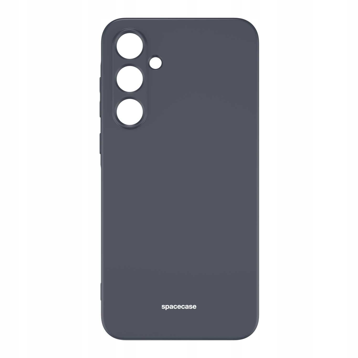 Czarne silikonowe etui z trzema otworami na aparat i jednym mniejszym otworem. Na dole widoczny jest napis \'spacecase\'.