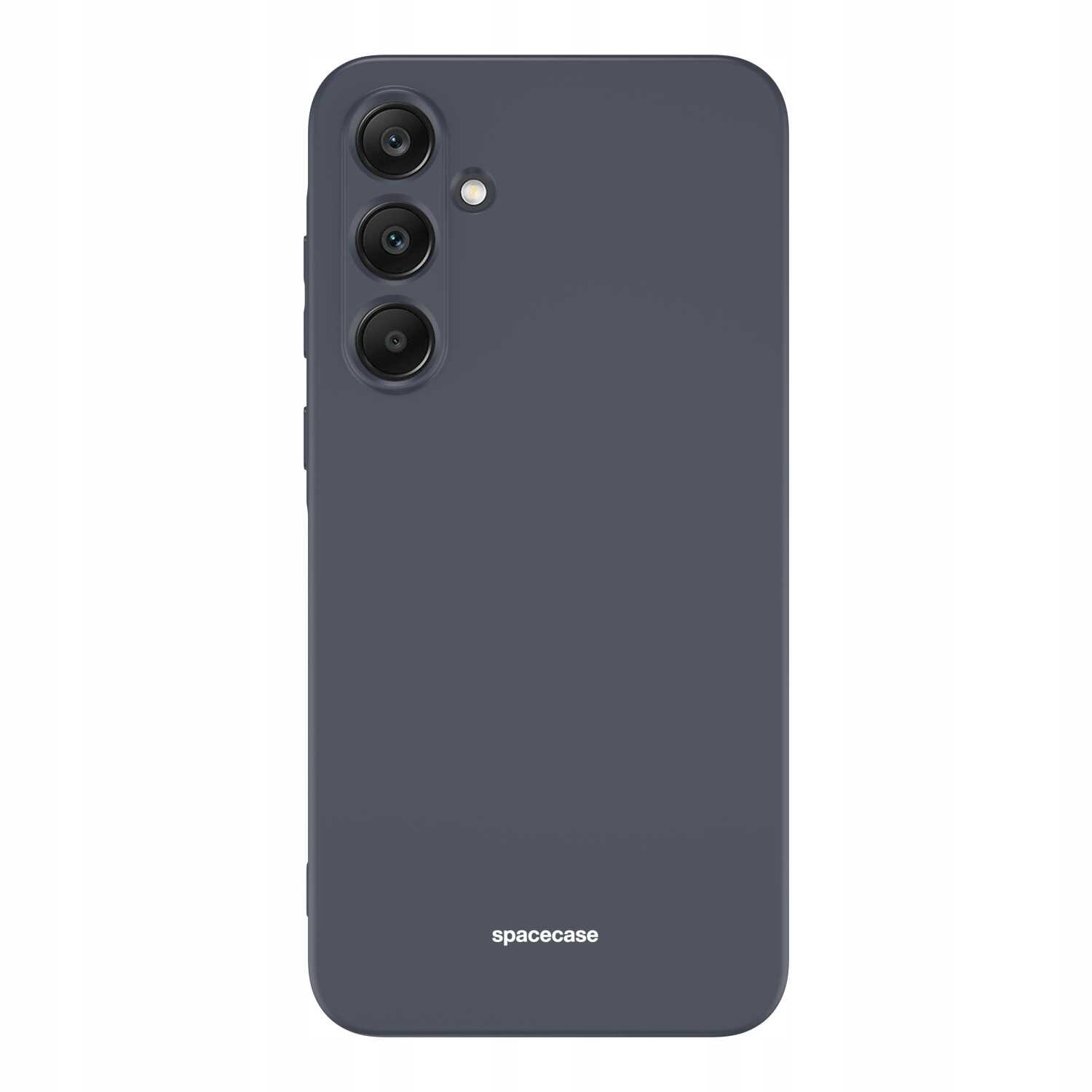 Czarne silikonowe etui z trzema otworami na aparaty i napisem \'spacecase\' na dole.