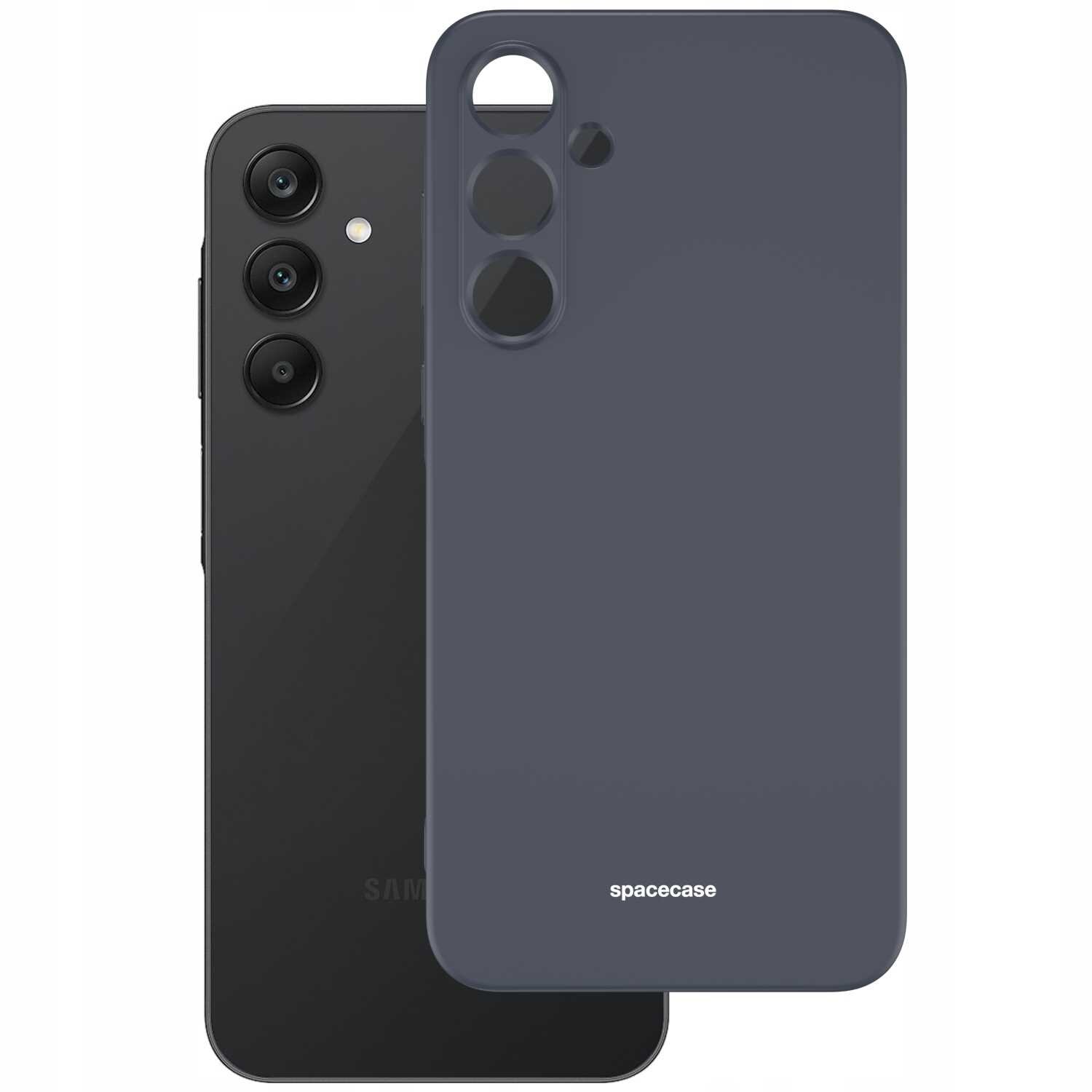Na obrazie widoczne jest czarne silikonowe etui z napisem \'spacecase\', przeznaczone do telefonu z trzema obiektywami aparatu i lampą błyskową.