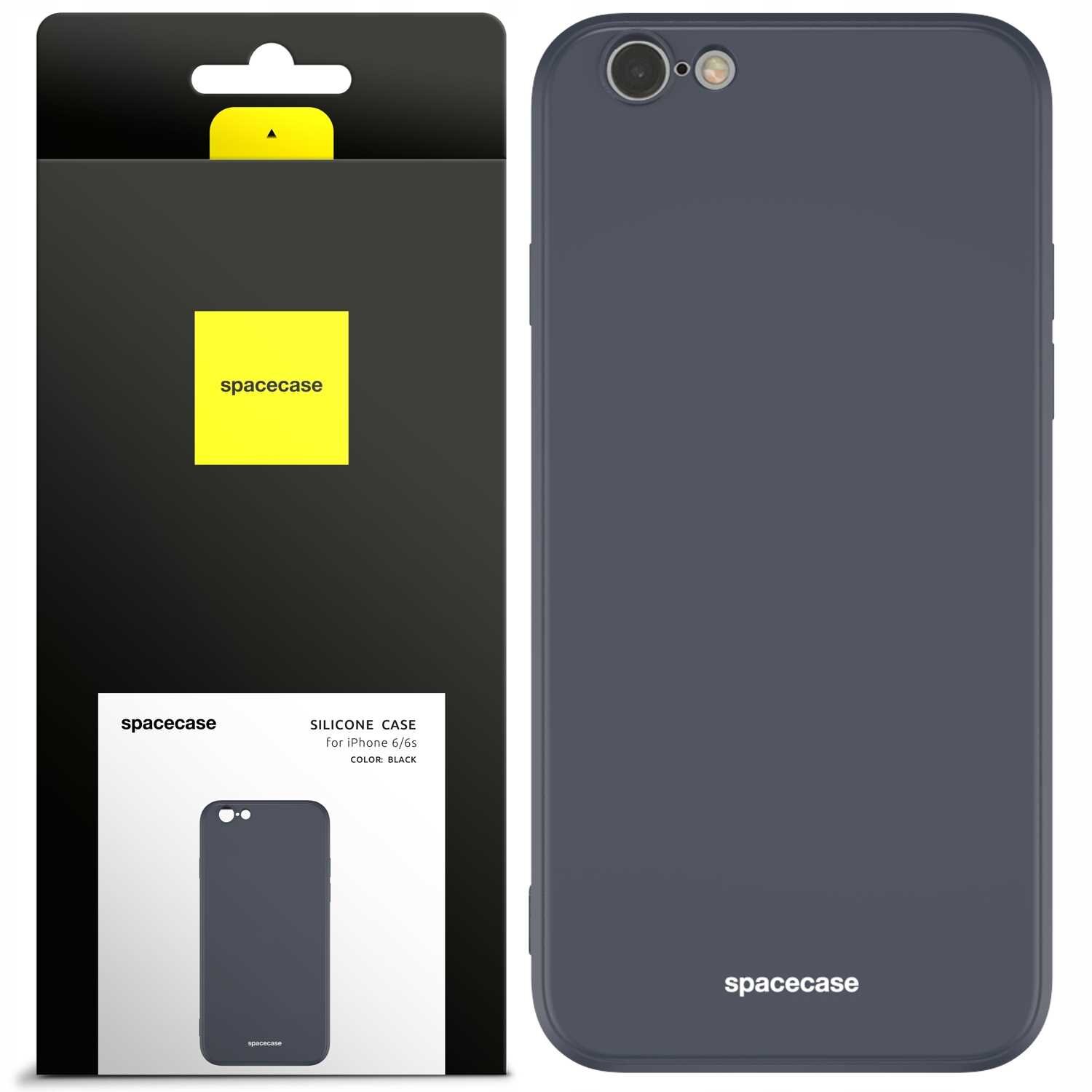 Obraz przedstawia czarne silikonowe etui na iPhone 6/6s z napisem \'spacecase\' na dole. Obok znajduje się opakowanie z żółtym logo \'spacecase\' i opisem \'SILICONE CASE for iPhone 6/6s COLOR: BLACK\'.
