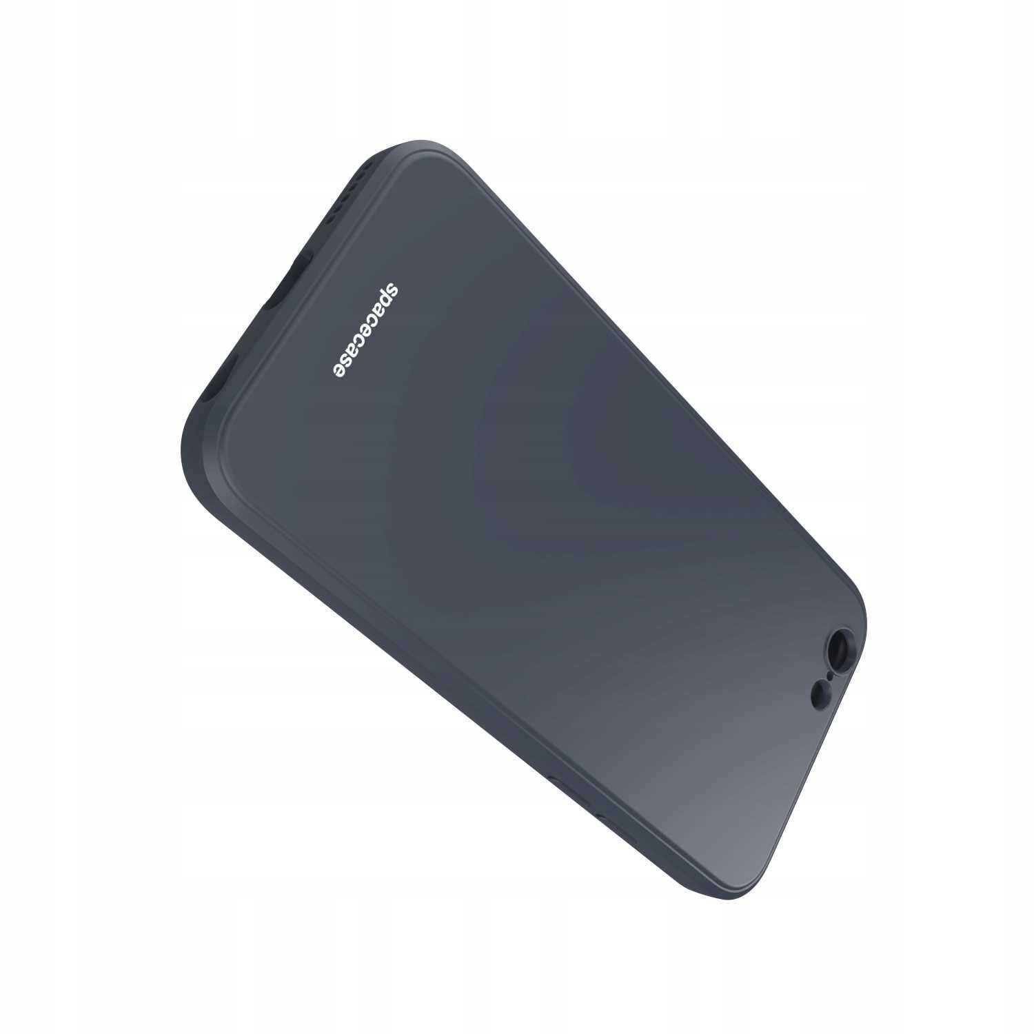 Czarne silikonowe etui z napisem \'spacecase\' na tylnej stronie, przeznaczone do iPhone 7/8/SE. Etui ma otwory na aparat i przyciski.