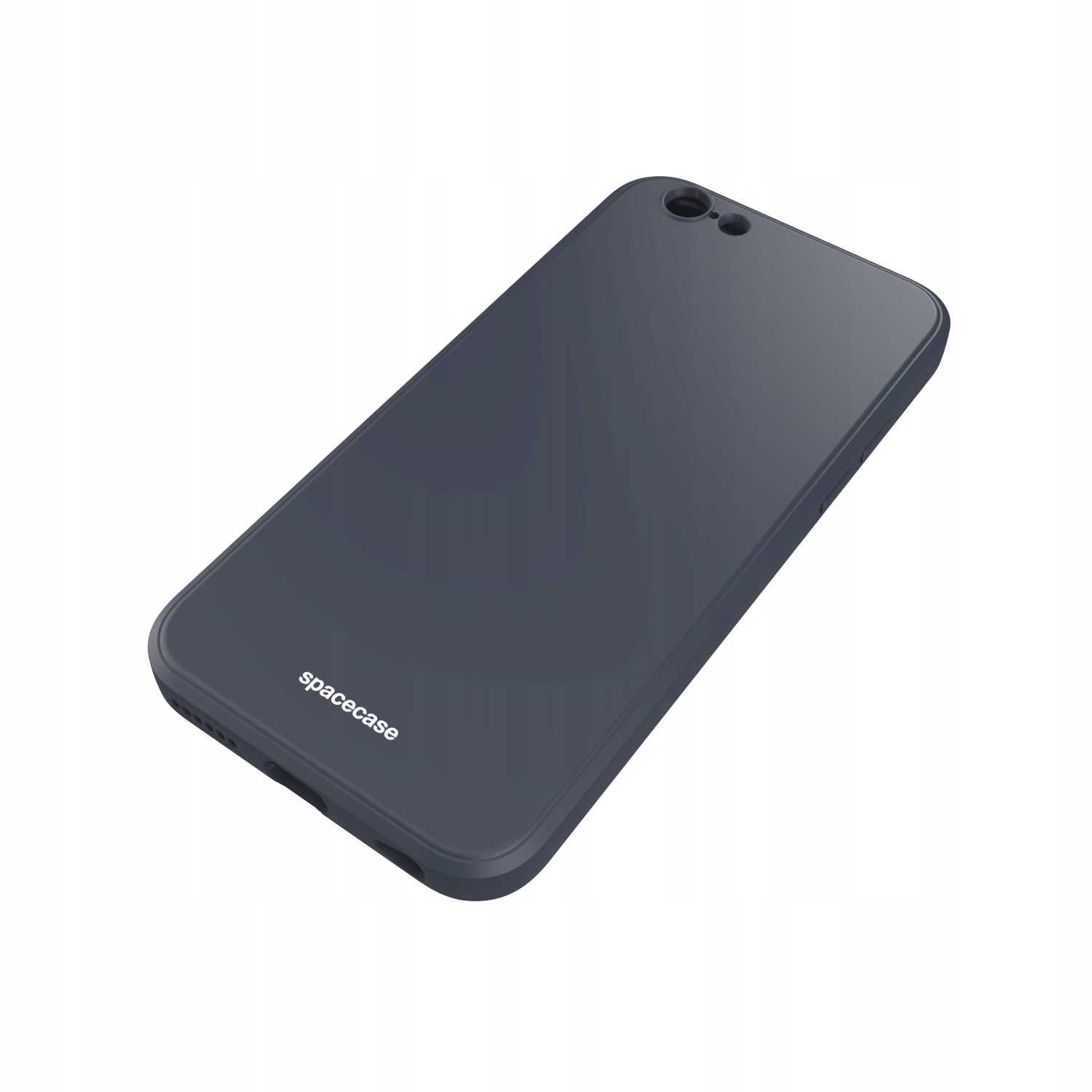 Czarne silikonowe etui na telefon z napisem \'spacecase\' na dole. Etui ma otwory na aparat i inne elementy telefonu.