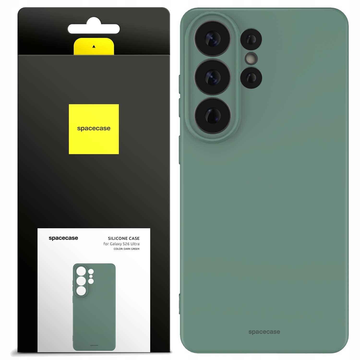 Zielone silikonowe etui na telefon z trzema dużymi otworami na aparaty. Opakowanie z logo \'spacecase\' i napisem \'SILICONE CASE for Galaxy S26 Ultra COLOR: DARK GREEN\'.