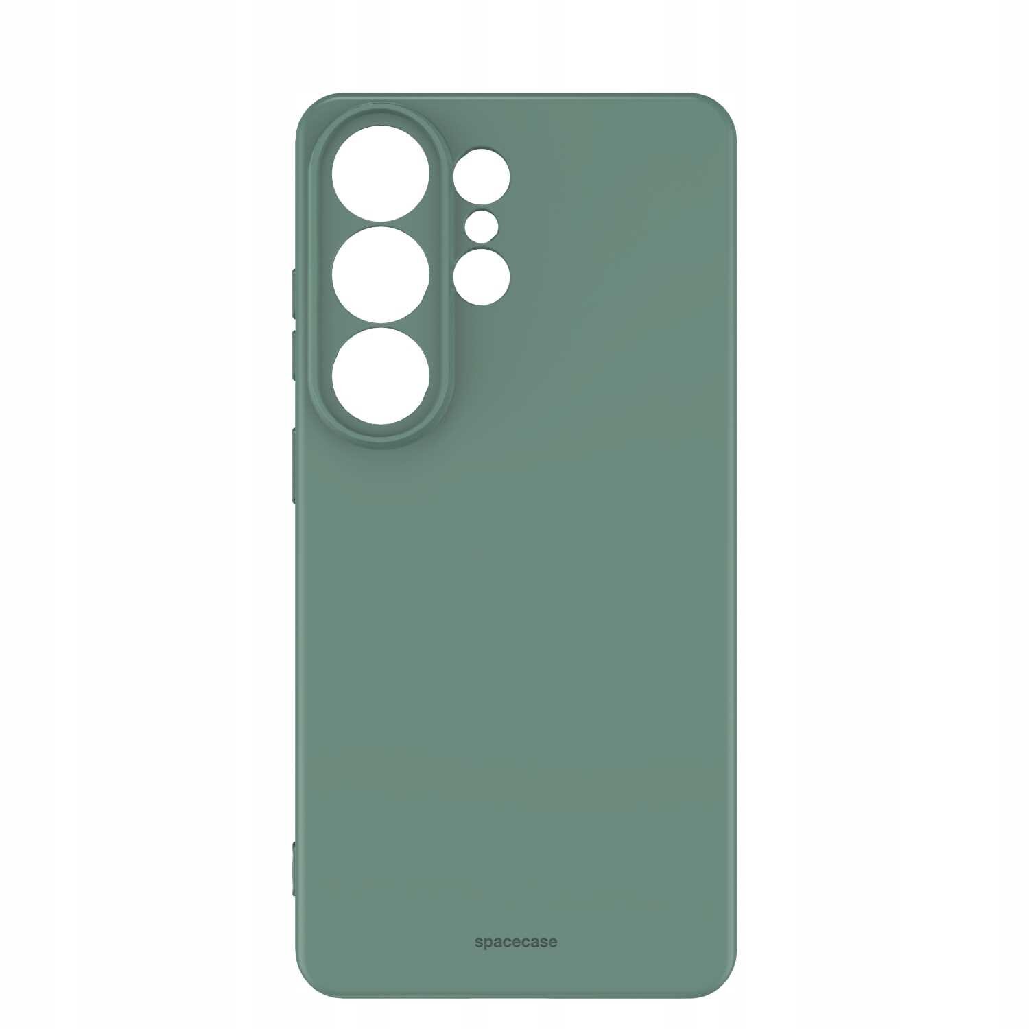 Zielone silikonowe etui z wycięciami na aparat i logo \'spacecase\' na dole.