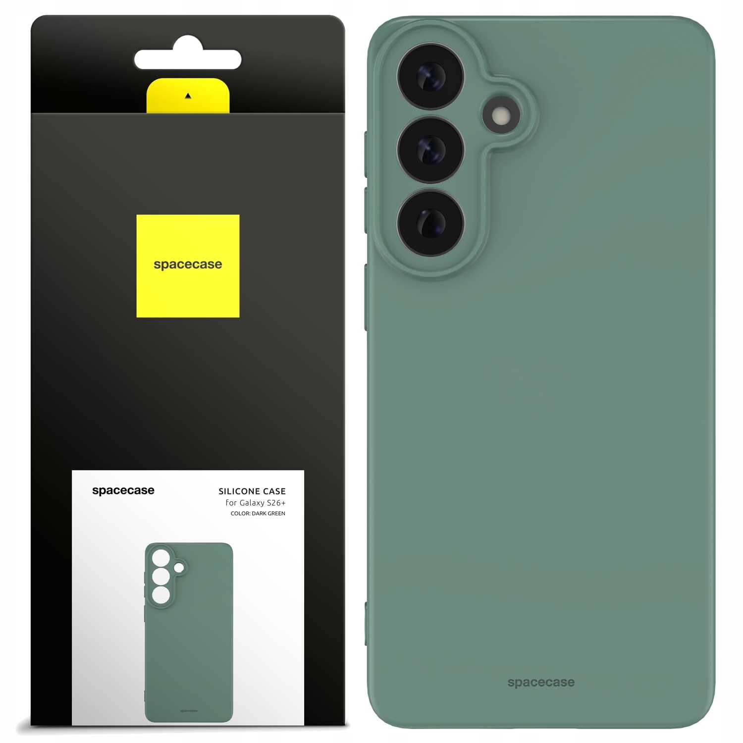 Zielone silikonowe etui SPACECASE do Galaxy S26+ jest pokazane obok opakowania z logo spacecase. Na opakowaniu widnieje napis: \'SILICONE CASE for Galaxy S26+ COLOR: DARK GREEN\'.