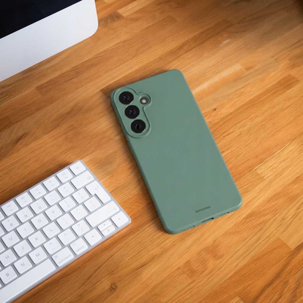 Zielone silikonowe etui na telefon leży na drewnianym blacie obok białej klawiatury. Na etui widoczne jest logo \'SPACECASE\'.