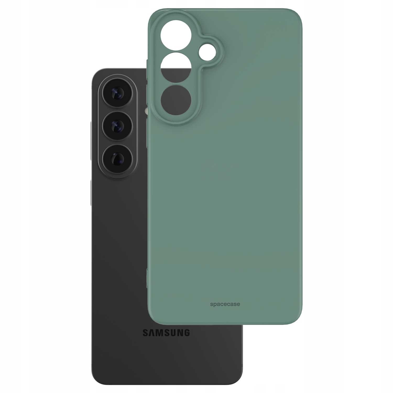 Zielone silikonowe etui z wycięciami na aparat, obok czarnego telefonu z trzema obiektywami. Na etui widoczny jest napis \'spacecase\', a na telefonie logo \'SAMSUNG\'.