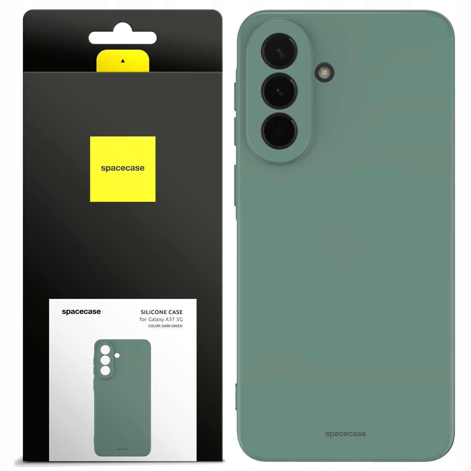 Obraz przedstawia zielone silikonowe etui na telefon z trzema otworami na aparaty. Opakowanie produktu zawiera logo \'spacecase\' oraz napis \'SILICONE CASE for Galaxy A37 5G COLOR: DARK GREEN\'.