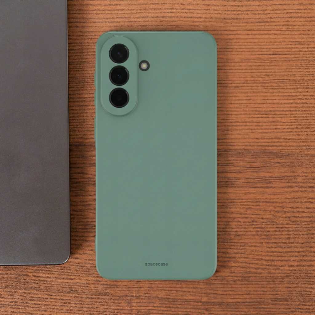 Zielone silikonowe etui na telefon z trzema otworami na aparaty i napisem \'spacecase\' na dole. Etui leży na drewnianej powierzchni obok ciemnego urządzenia elektronicznego.