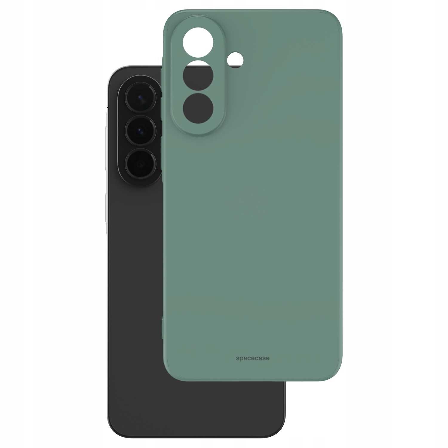 Zielone silikonowe etui z wycięciami na aparat i logo \'spacecase\' na dole. W tle widoczny czarny telefon z trzema obiektywami aparatu.