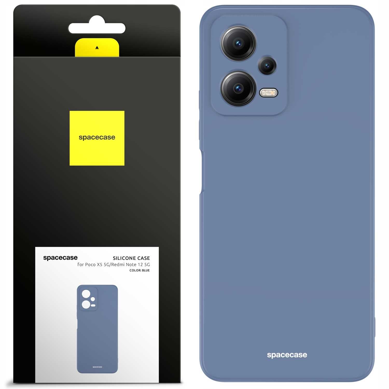 Na obrazie widoczne jest niebieskie silikonowe etui na telefon z trzema otworami na aparat. Obok znajduje się opakowanie z logo \'spacecase\' i napisem \'SILICONE CASE for Poco X5 5G/Redmi note 12 5G COLOR: BLUE\'.