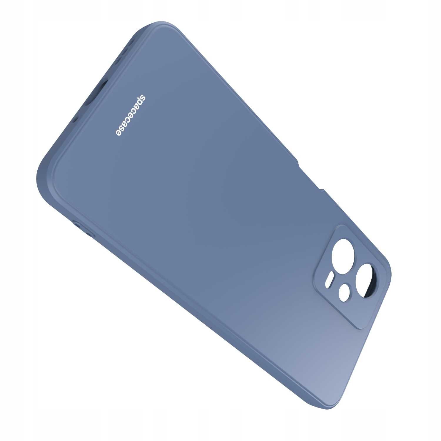 Niebieskie silikonowe etui z wycięciami na aparat i przyciski, z widocznym napisem \'SPACECASE\'.