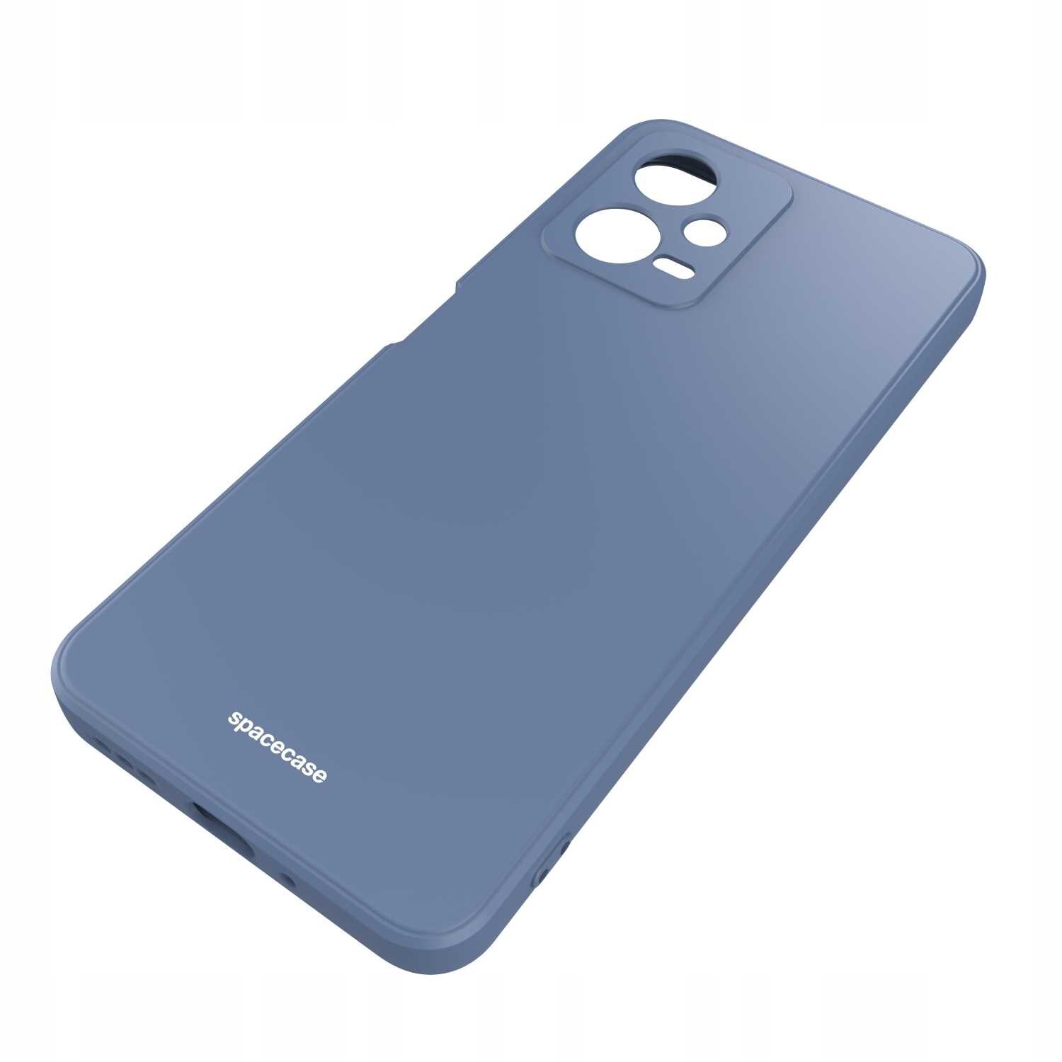 Niebieskie silikonowe etui z wycięciami na aparat i logo \'spacecase\' na dole.