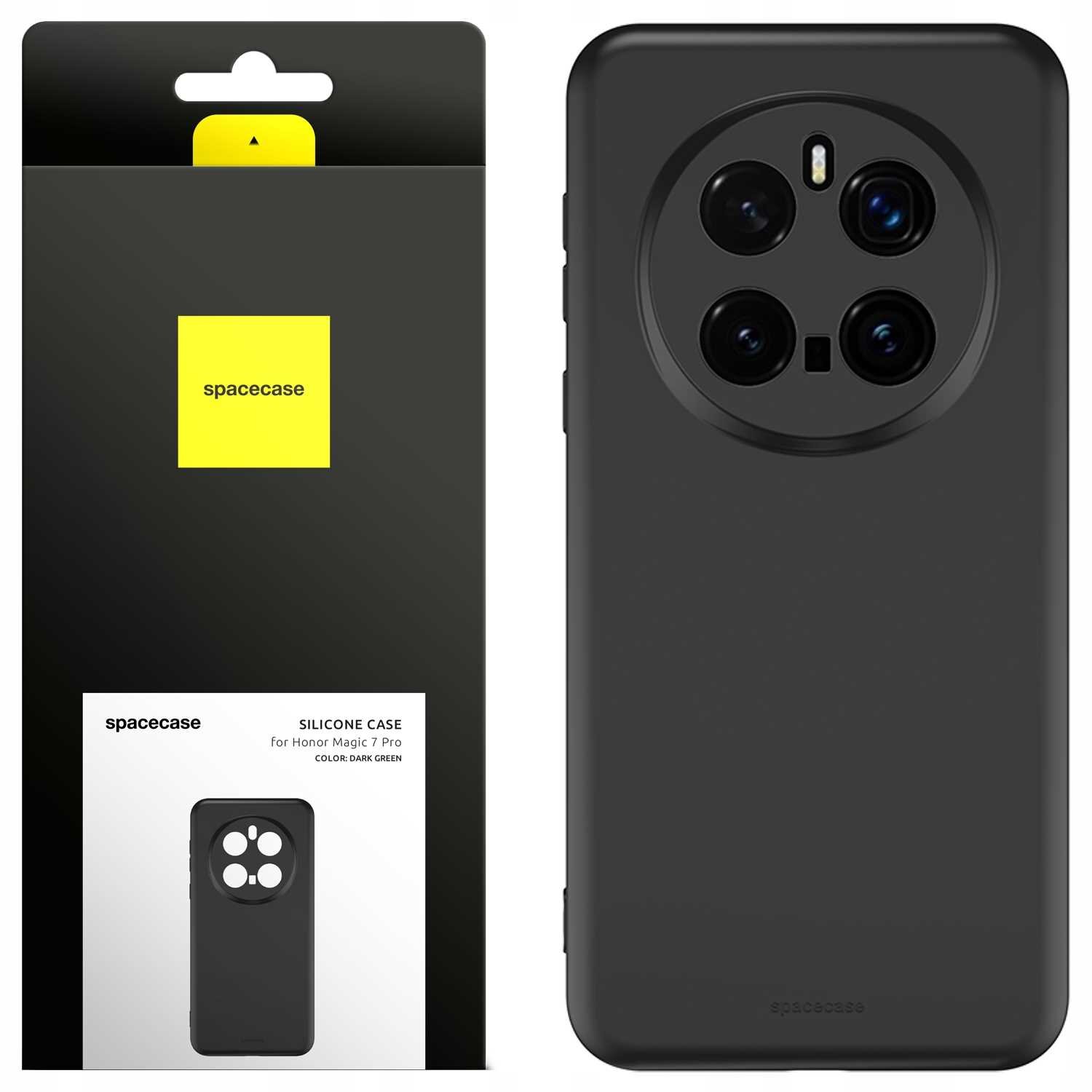 Obraz przedstawia czarne silikonowe etui z okrągłym wycięciem na aparaty, obok znajduje się opakowanie z logo \'spacecase\' i napisem \'SILICONE CASE for Honor Magic 7 Pro COLOR: DARK GREEN\'.