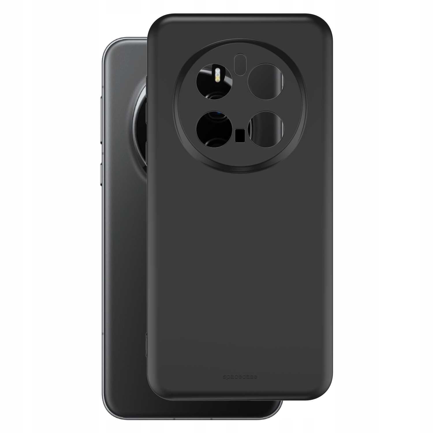 Czarne silikonowe etui z dużym otworem na aparat, widoczne na tle telefonu. Na dole etui znajduje się napis \'SPACECASE\'.