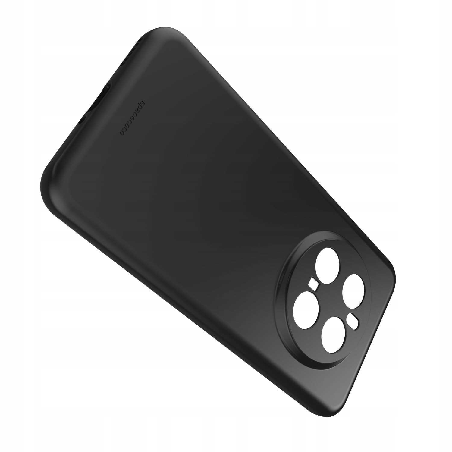 Czarne silikonowe etui z okrągłymi wycięciami na aparat, widoczne logo \'spacecase\'.