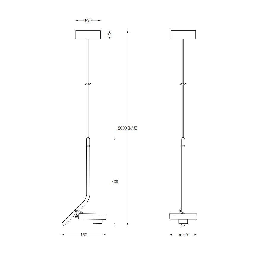 Schemat techniczny lampy wiszącej z wymiarami: średnica 90 mm, wysokość maksymalna 2000 mm, długość 320 mm, szerokość 150 mm, średnica podstawy 100 mm.