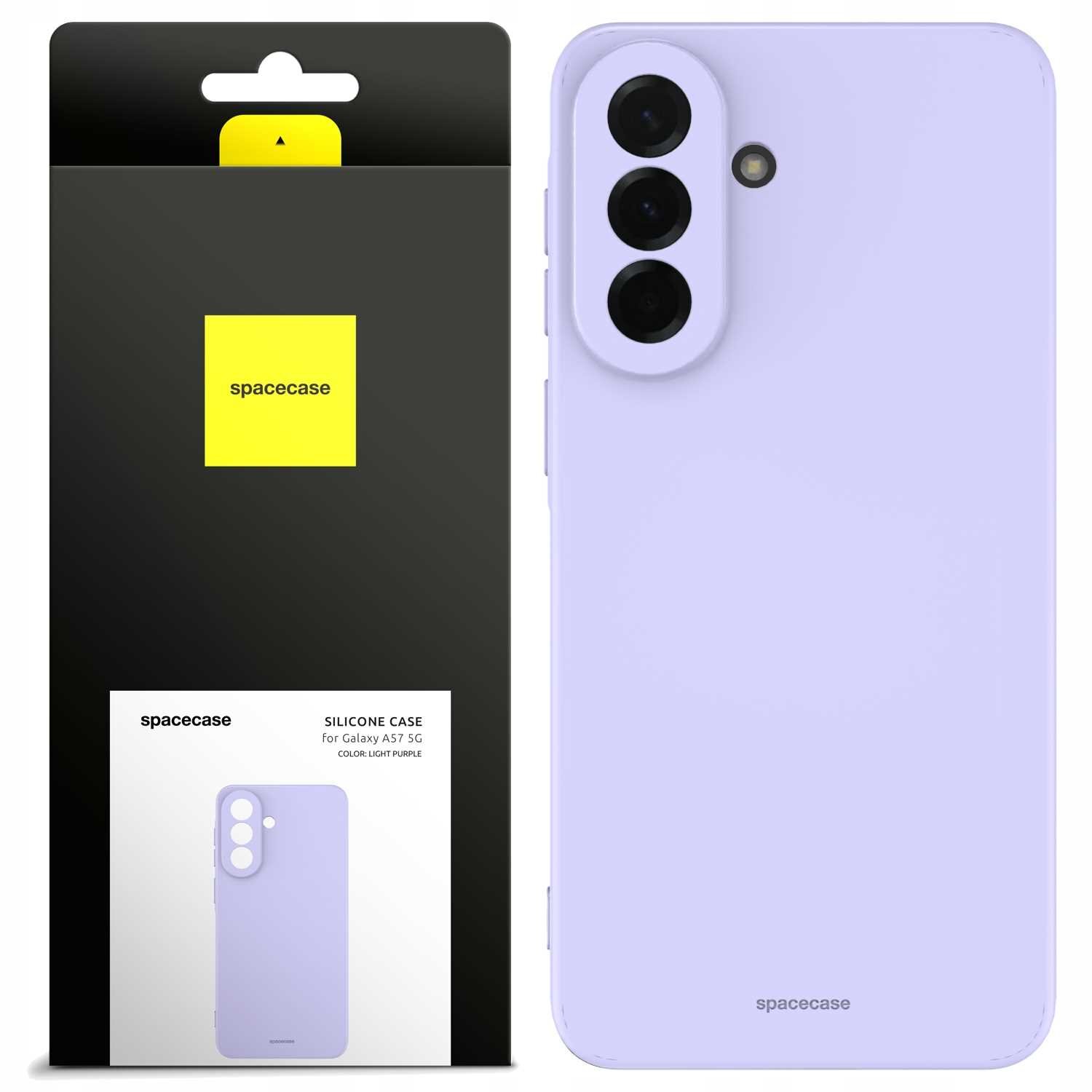 Fioletowe silikonowe etui na telefon z trzema otworami na aparaty. Opakowanie z logo \'spacecase\' i napisem \'SILICONE CASE for Galaxy A57 5G COLOR: LIGHT PURPLE\'.