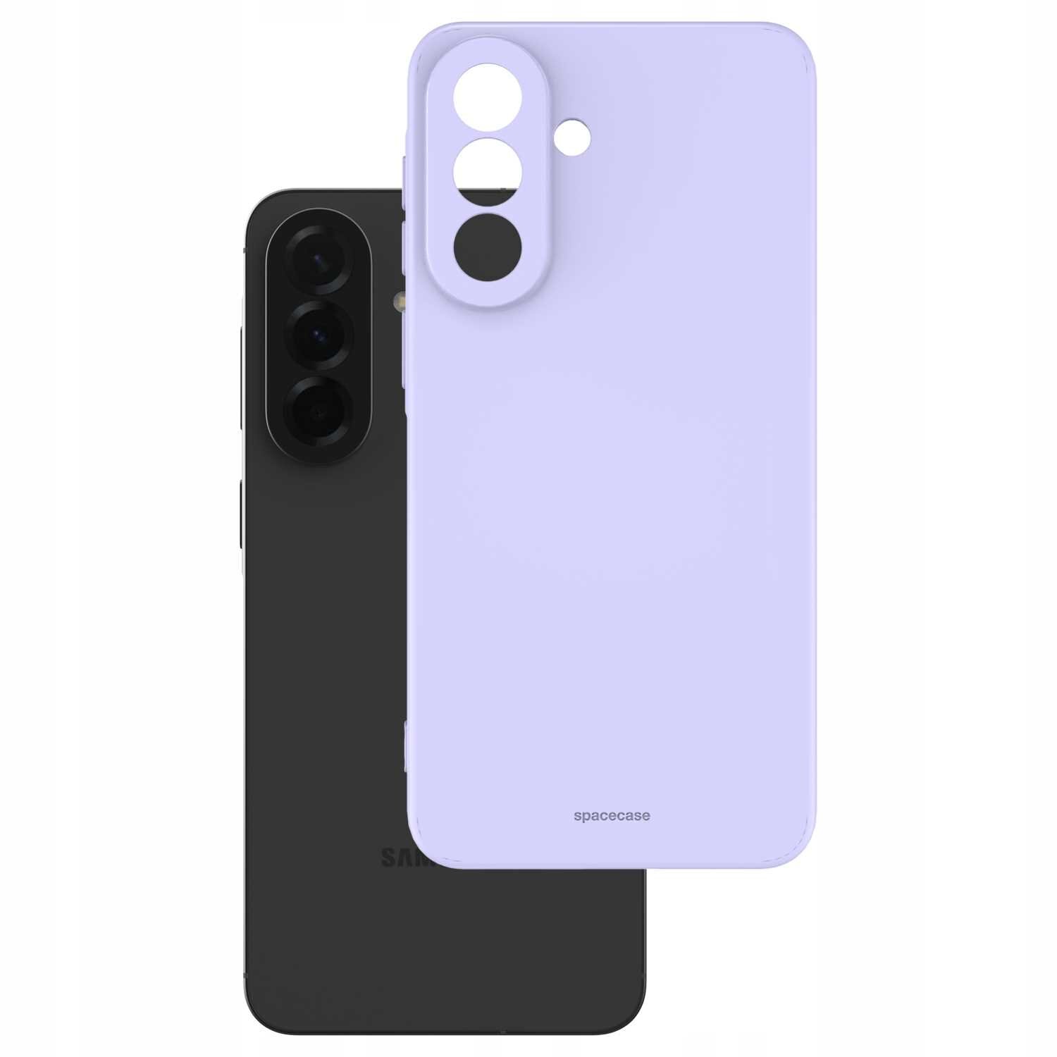 Na obrazie widoczne jest fioletowe silikonowe etui z wycięciami na aparat i przyciski, z napisem \'spacecase\'. W tle znajduje się czarny telefon z trzema obiektywami aparatu.