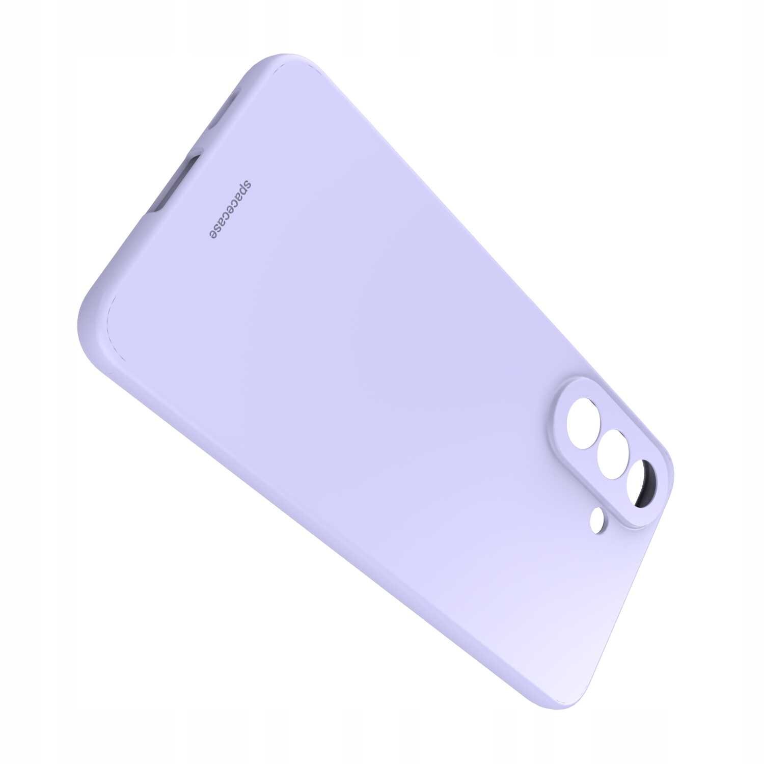 Fioletowe silikonowe etui z wycięciami na aparat i logo \'spacecase\'.