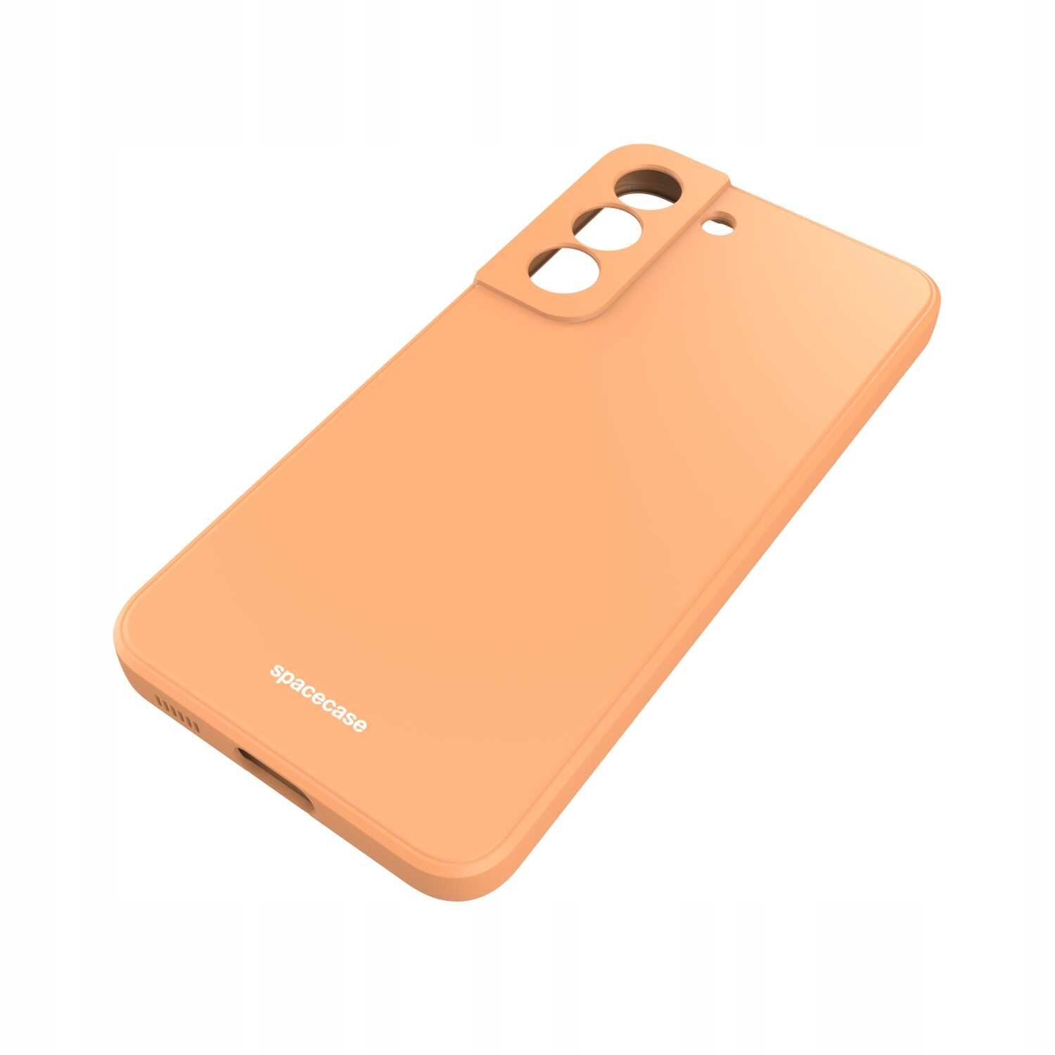 Pomarańczowe silikonowe etui z wycięciami na aparat i logo \'spacecase\' na dole. Etui jest przeznaczone do telefonu Galaxy S22.
