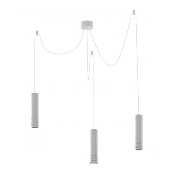 Na obrazie widoczna jest nowoczesna lampa wisząca z trzema cylindrycznymi kloszami zawieszonymi na cienkich przewodach. Klosze są w kolorze szarym, a przewody są białe.
