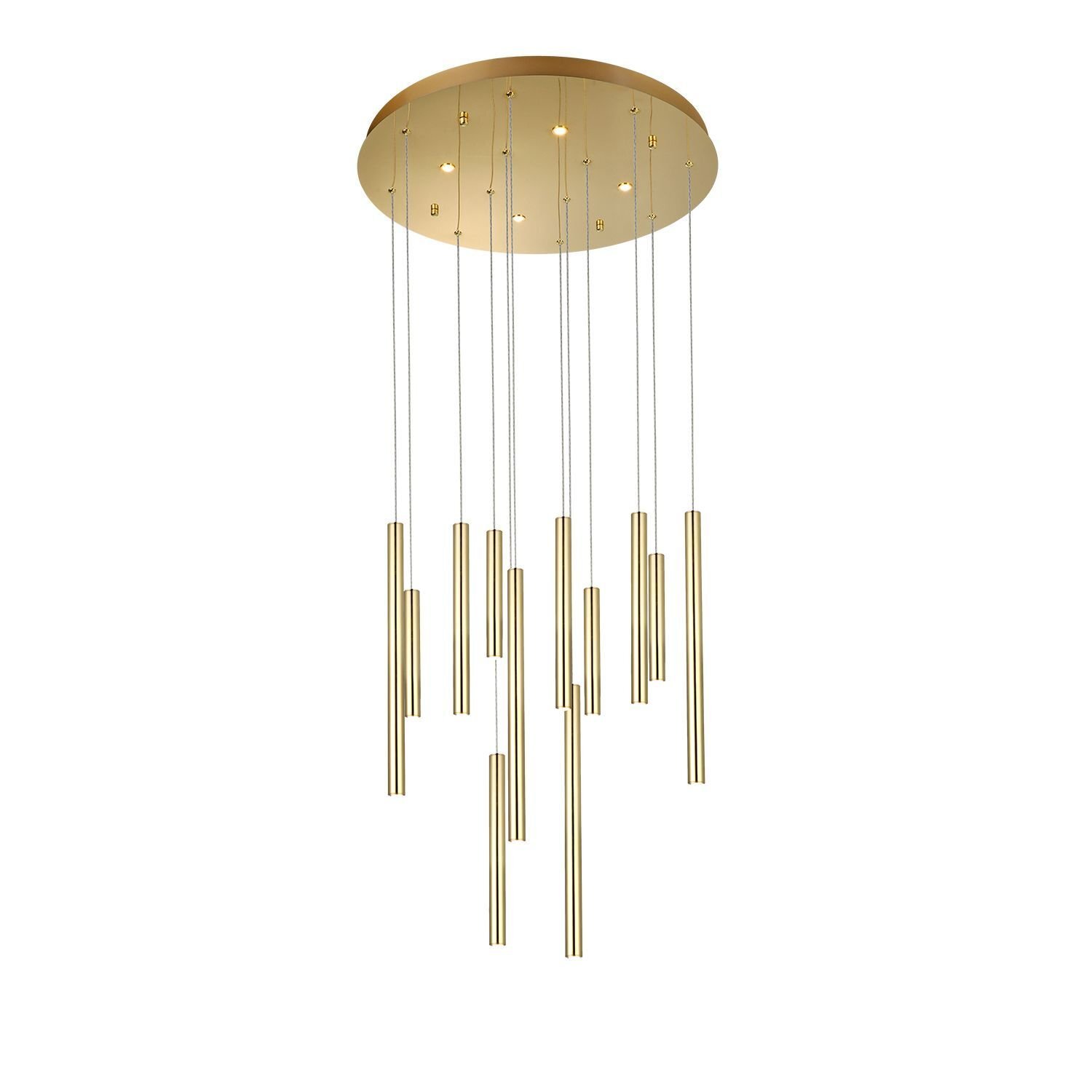 Lampa wisząca z okrągłą, złotą podstawą i wieloma smukłymi, złotymi rurkami zwisającymi na cienkich przewodach. Rurki są rozmieszczone na różnych wysokościach, tworząc efekt kaskady.