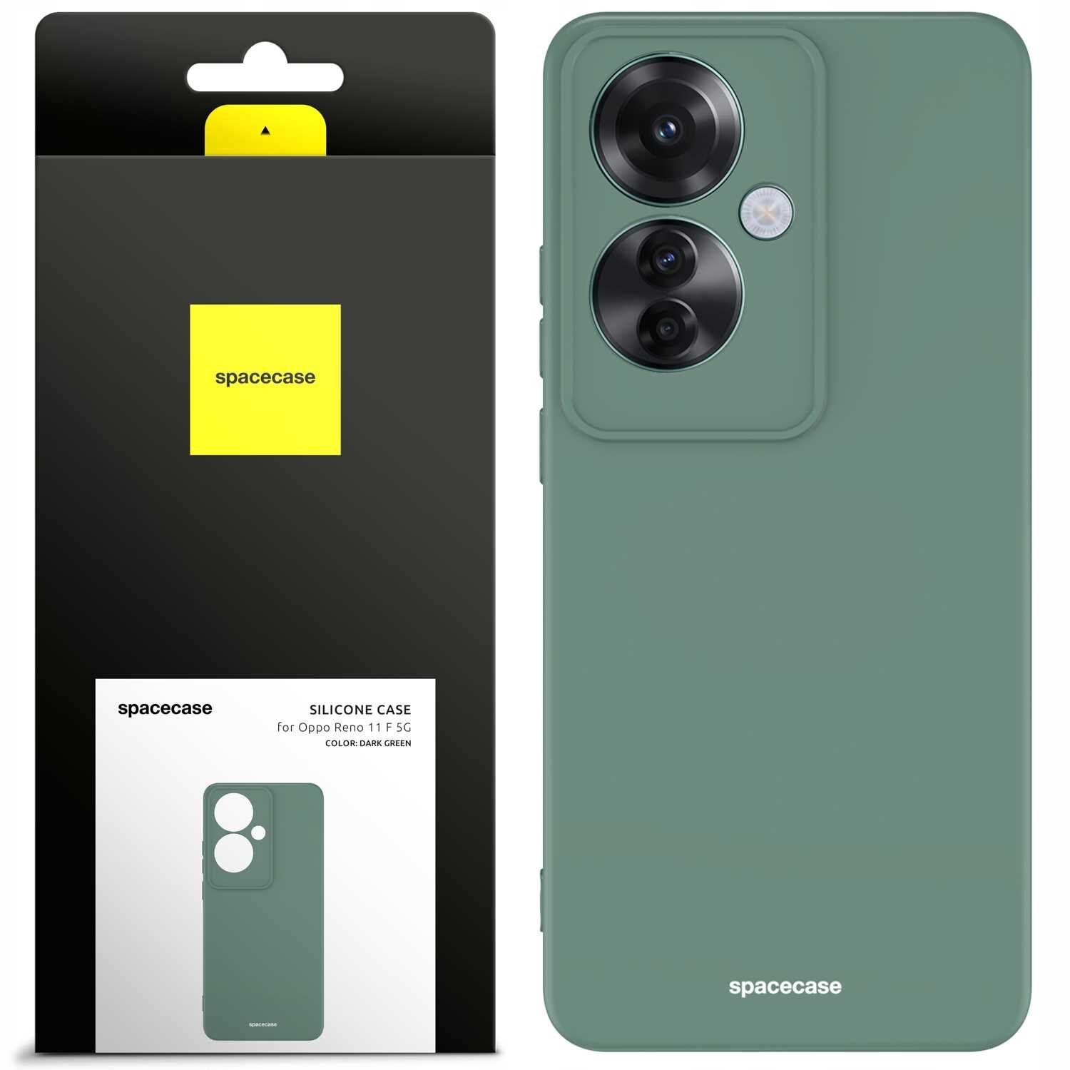 Zielone silikonowe etui na telefon z trzema otworami na aparaty. Opakowanie z logo \'spacecase\' i napisem \'SILICONE CASE for Oppo Reno 11 F 5G COLOR: DARK GREEN\'.