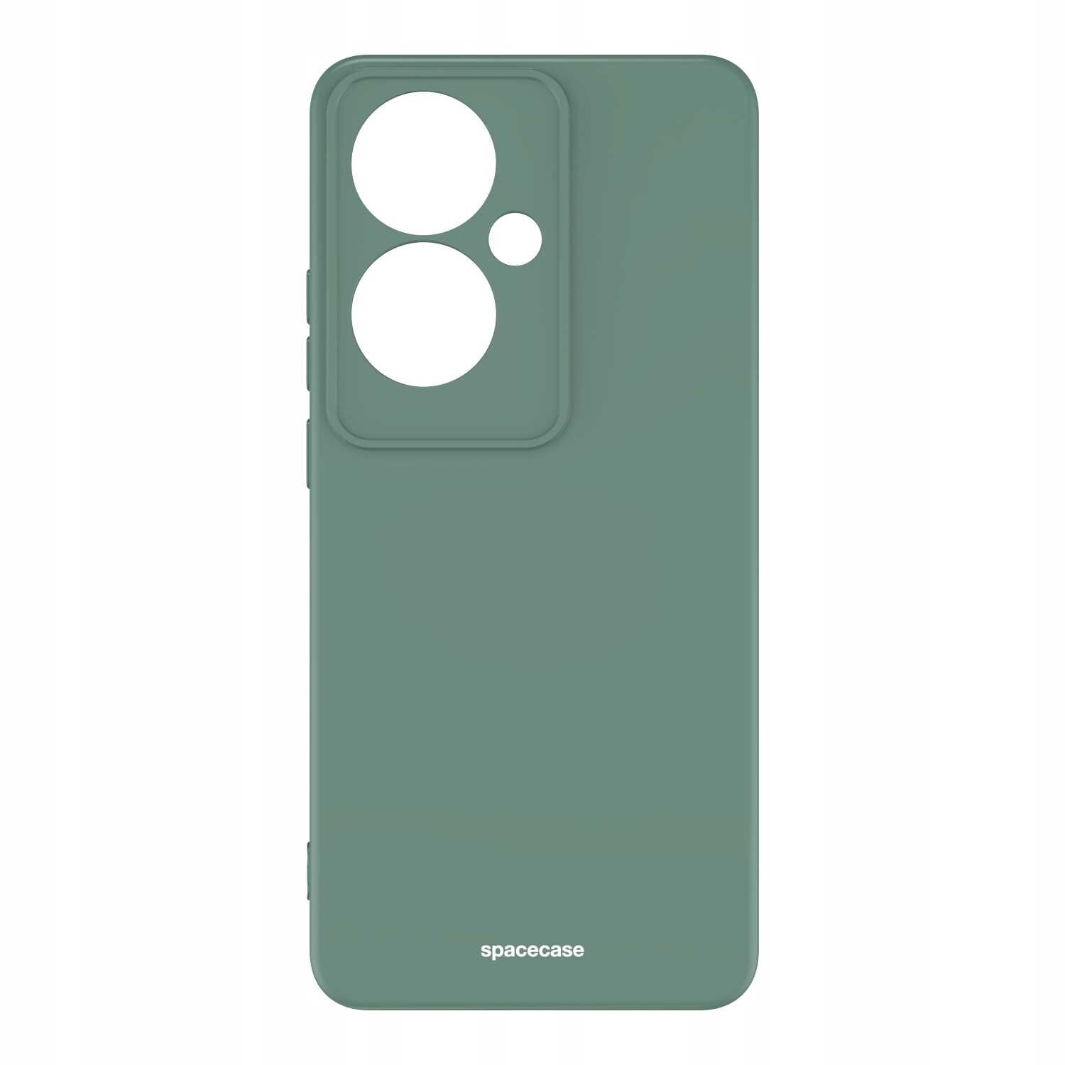 Zielone silikonowe etui z wycięciami na aparat i logo \'spacecase\' na dole.