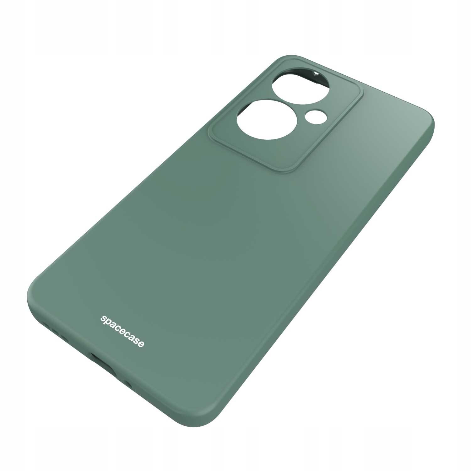 Zielone silikonowe etui z wycięciami na aparat i logo \'spacecase\' na dole.
