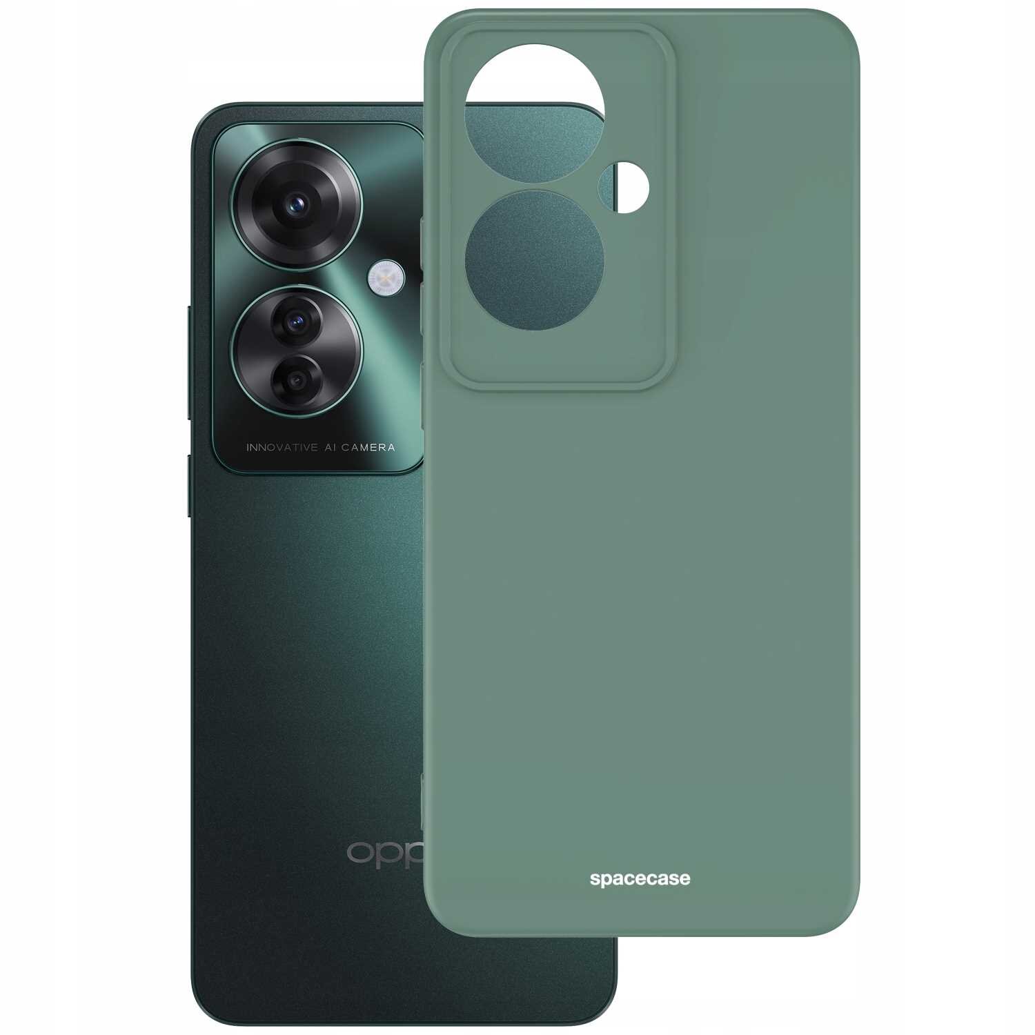 Zielone silikonowe etui z wycięciami na aparat i logo \'spacecase\' obok smartfona z trzema obiektywami i napisem \'INNOVATIVE AI CAMERA\'.