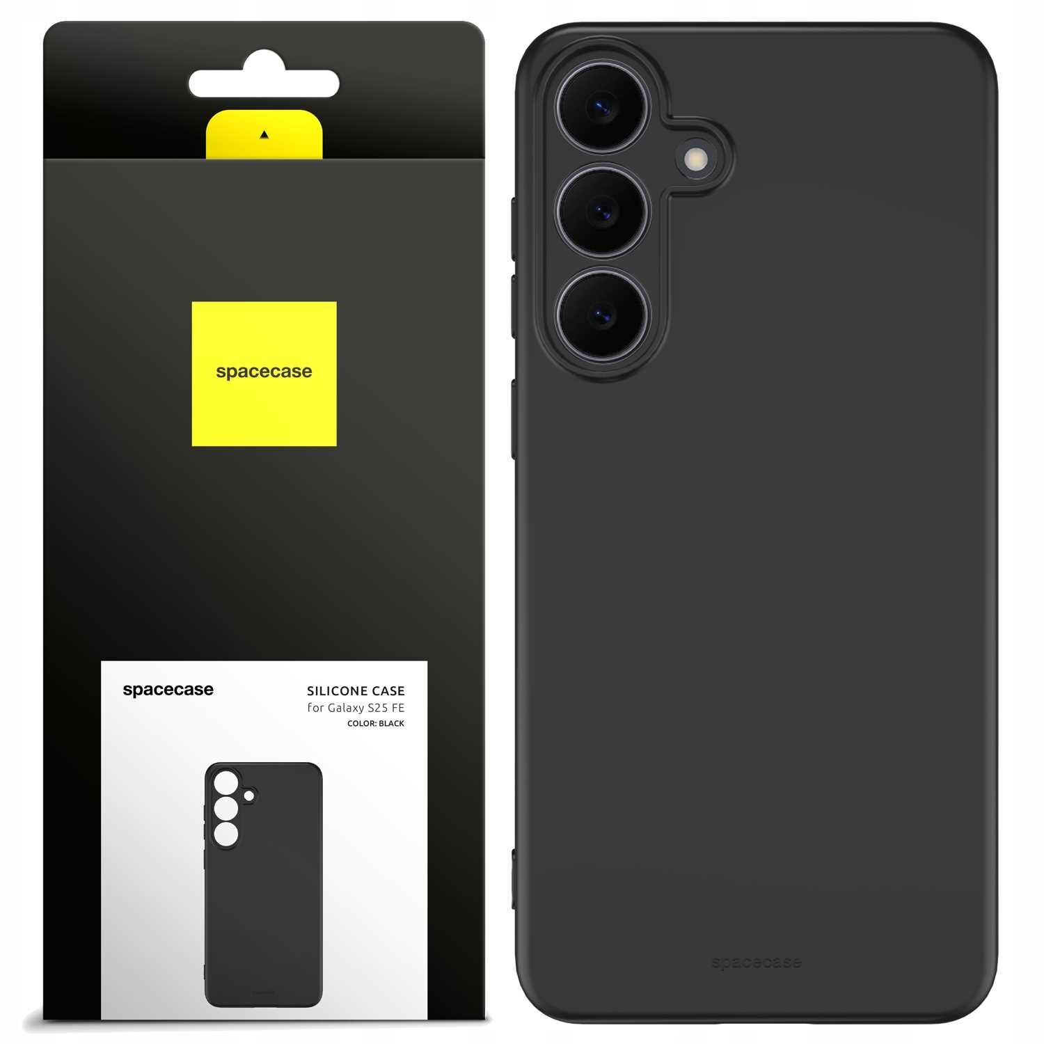 Czarne silikonowe etui na telefon z trzema otworami na aparaty. Opakowanie z logo \'spacecase\' i napisem \'SILICONE CASE for Galaxy S25 FE COLOR: BLACK\'.