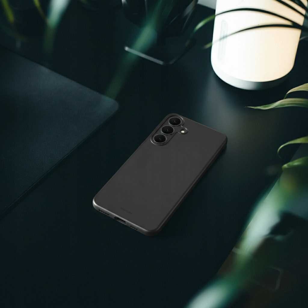 Na ciemnym biurku leży czarny smartfon w silikonowym etui, obok znajduje się lampa emitująca ciepłe światło. W tle widoczne są rozmyte elementy roślinne.