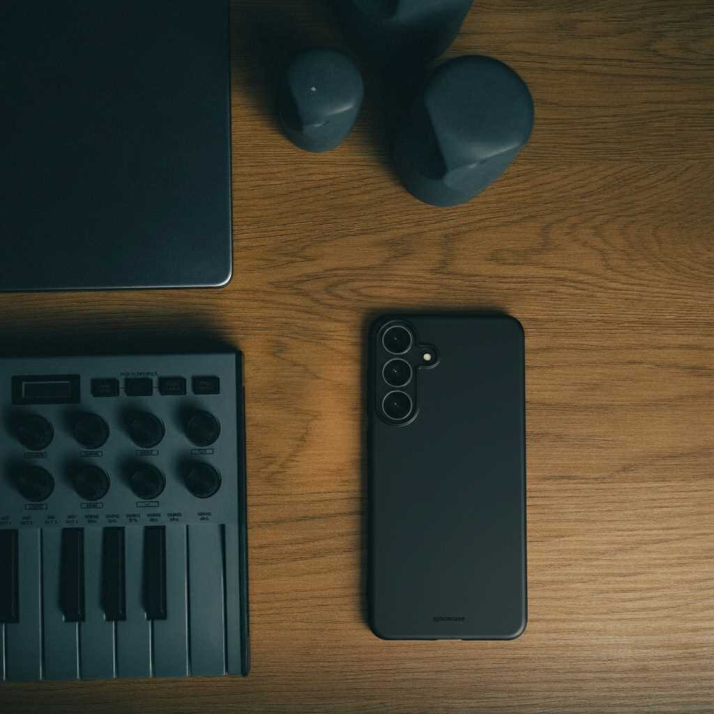Na drewnianym blacie leży czarne silikonowe etui na telefon z trzema widocznymi obiektywami aparatu. Obok znajduje się fragment klawiatury MIDI oraz laptopa.