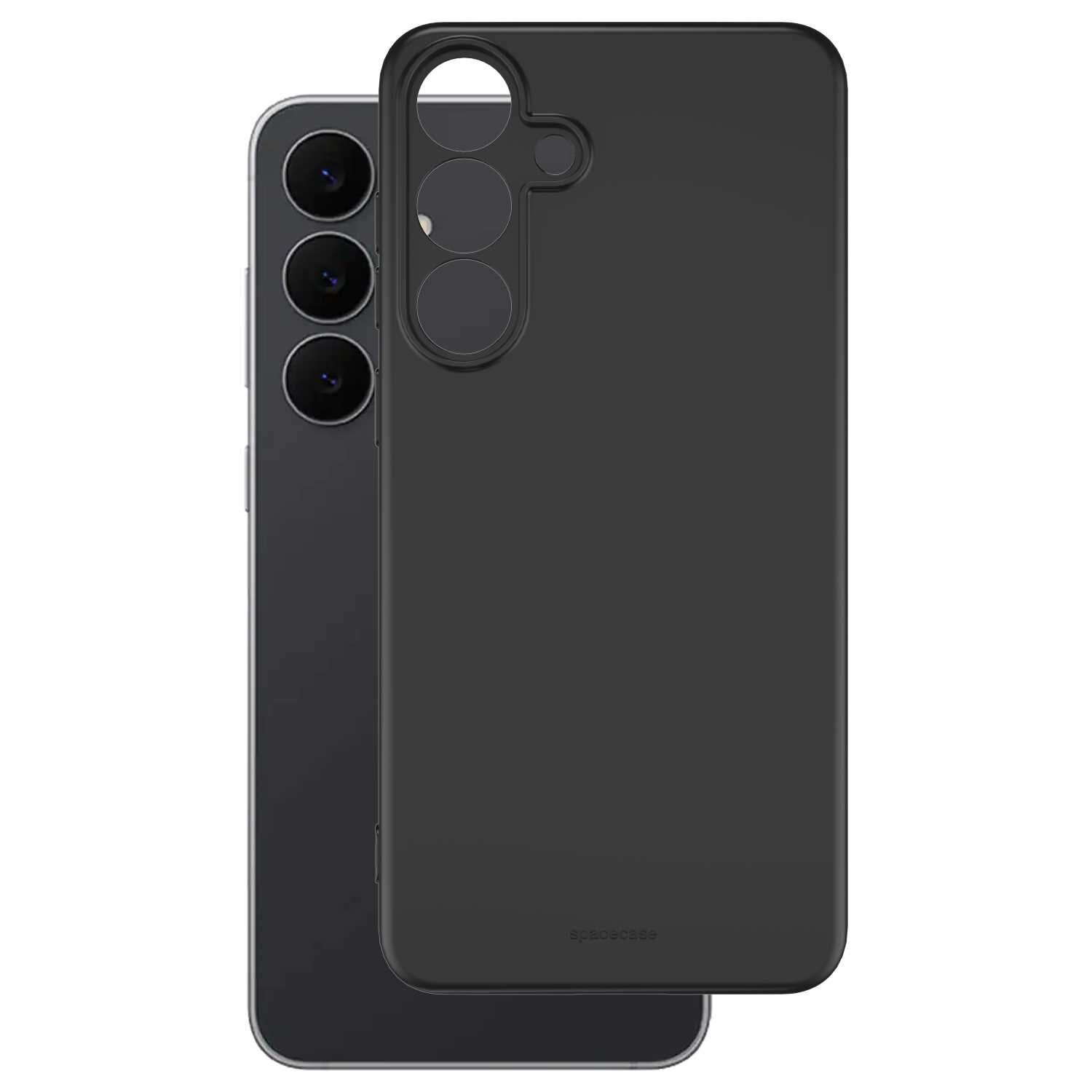 Czarne silikonowe etui na telefon z trzema wycięciami na aparaty. Na etui widoczny jest napis \'spacecase\'.